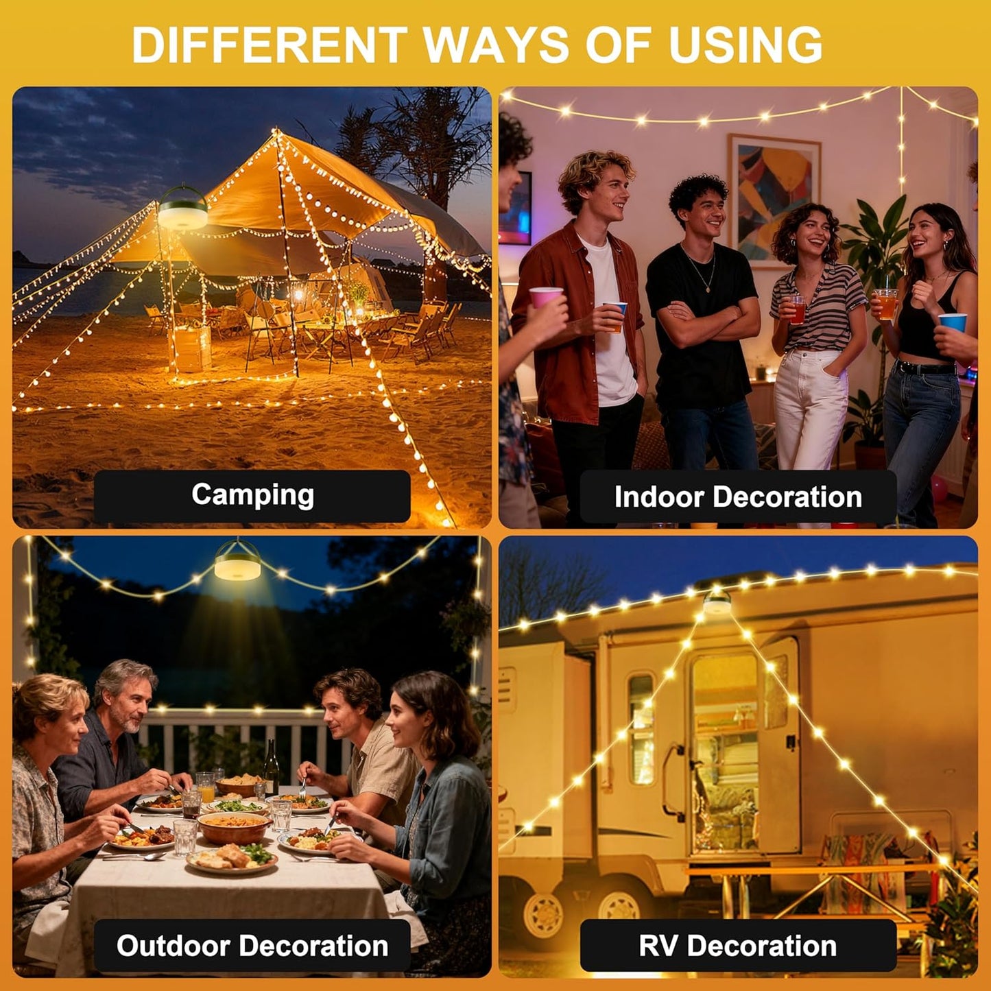 Solar Camping String Lights, 4 in 1 Quick Storage 33FT Rechargeable Tent Lights with 8 Lighting Modes, Hanging Waterproof Portable Retractable LED Lamp for Outdoor, Patio, RV, Awning, Garden, Party