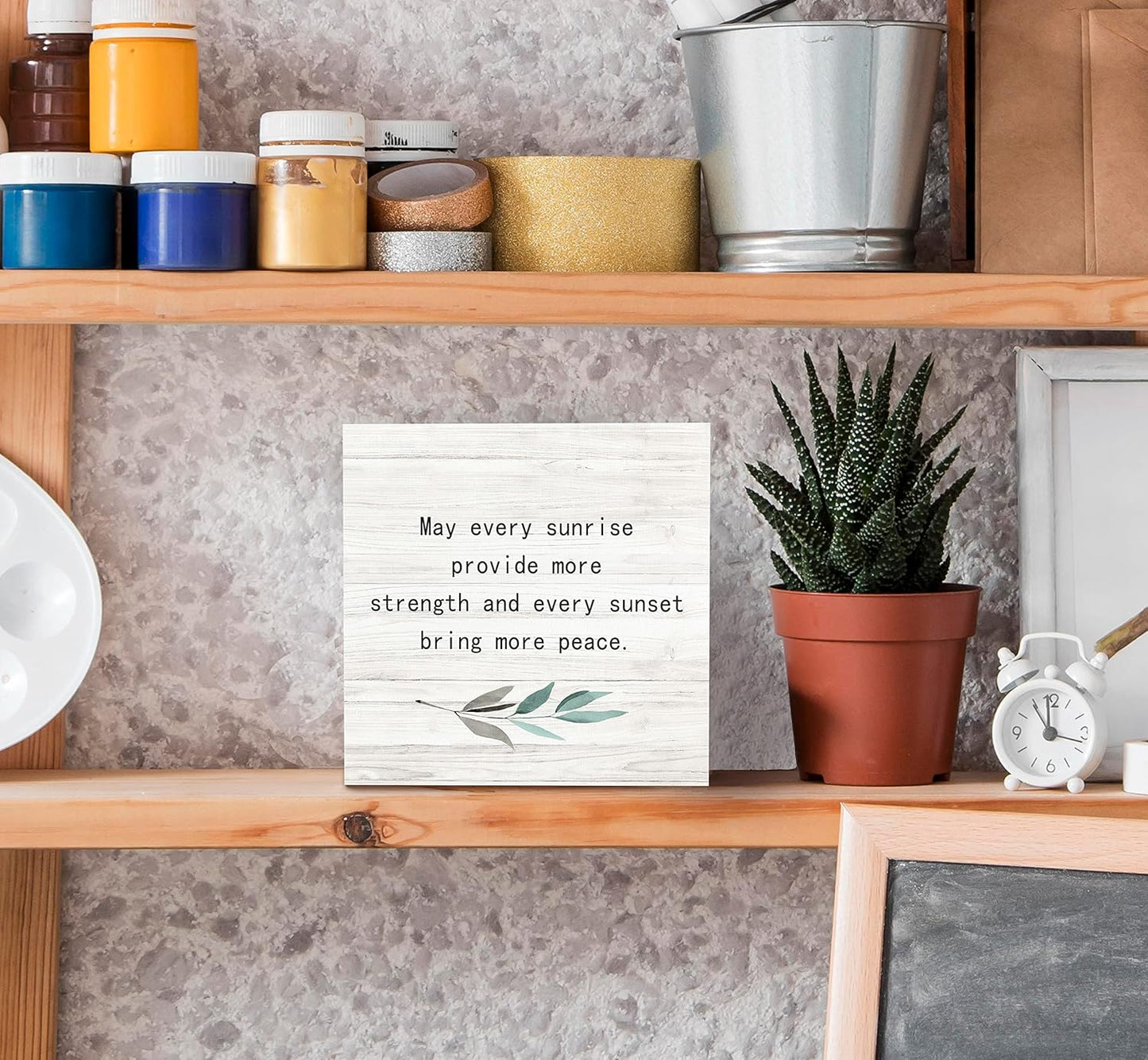 SRADMO May Every Sunrise Provide More Strength and Every Sunset Bring More Peace Wood Box Sign Desk Decor, Rustic Inspirational Wooden Block Box Sign Decoration For Home Office Shelf Table Decor