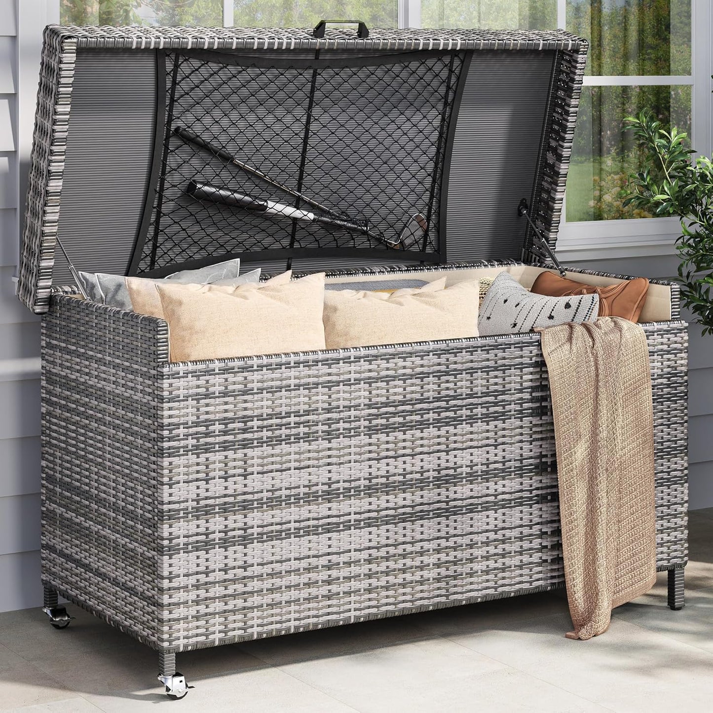 YITAHOME 200 Gallon Large Wicker Deck Box w/Storage Net, Rattan XL Outdoor Storage Box Patio Cushion Storage, Patio Storage Box for Garden Tools, Pool Sports Equipment (Grey)