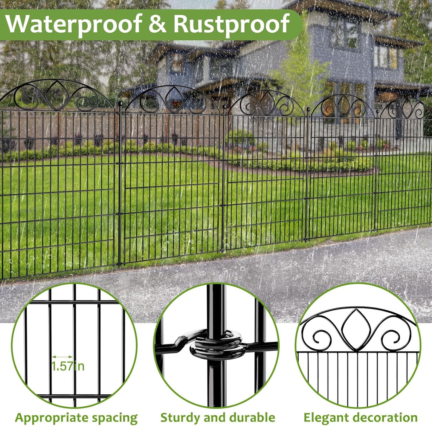 5 Panels No Dig Tall Garden Fence with Gate – 34" H X 11' L Rustproof Metal Dog Fence Outdoor for Yard, Decorative Animal Barrier Fence for Pet, Garden Border, Patio, Flower | Temporary Fencing