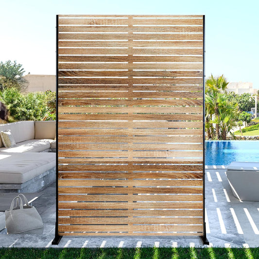 FENCY Outdoor Privacy Screen, 72" H×47" W Metal Patio Privacy Screen, Freestanding Decorative for Deck Balcony Patio Natural Wood Color