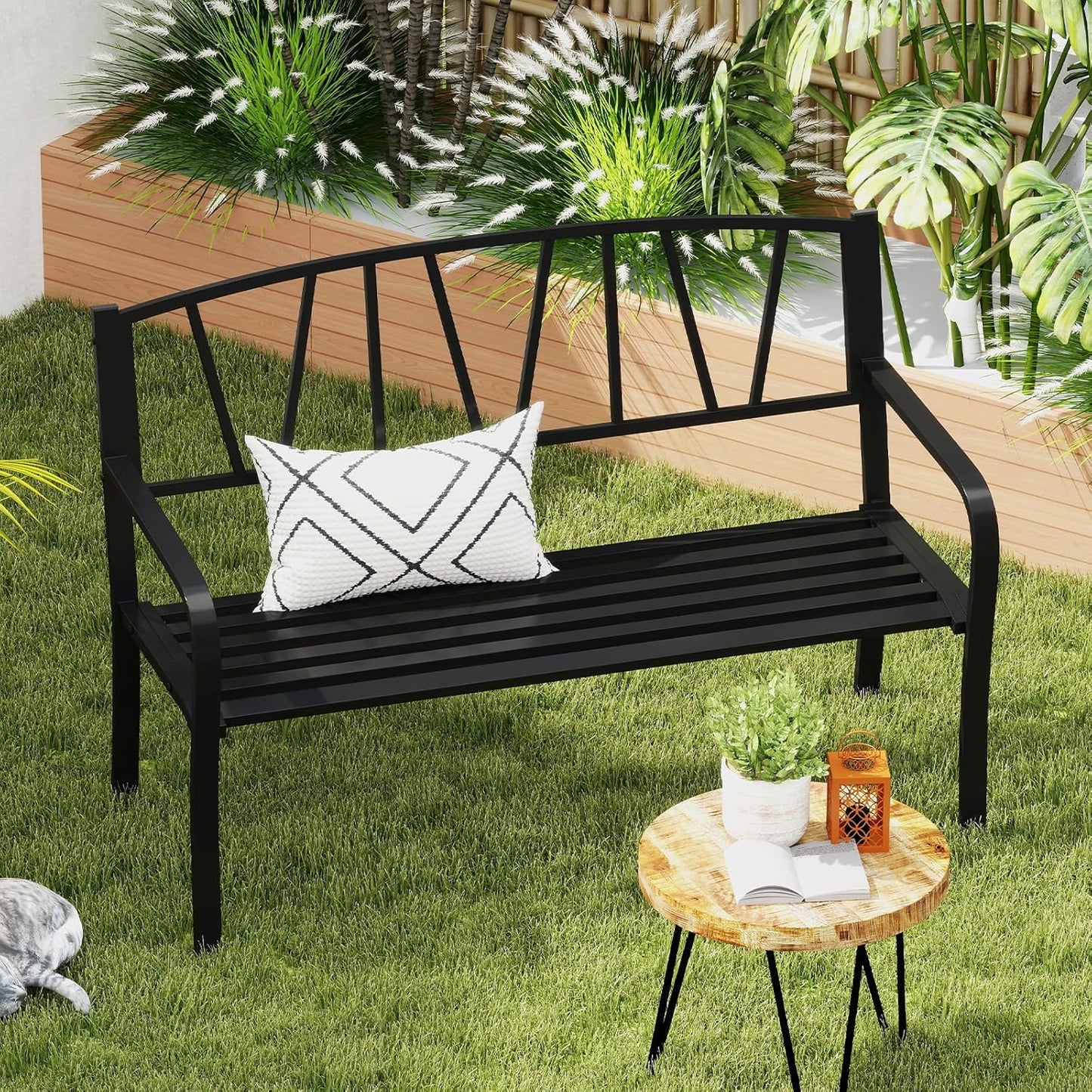 Tangkula Metal Patio Park Bench, Outdoor Garden Bench Loveseat for 2-3 People with Curved Armrests & Minimalist Backrest, Heavy-Duty Outdside Seating for Backyard, Poolside, Porch (Black)
