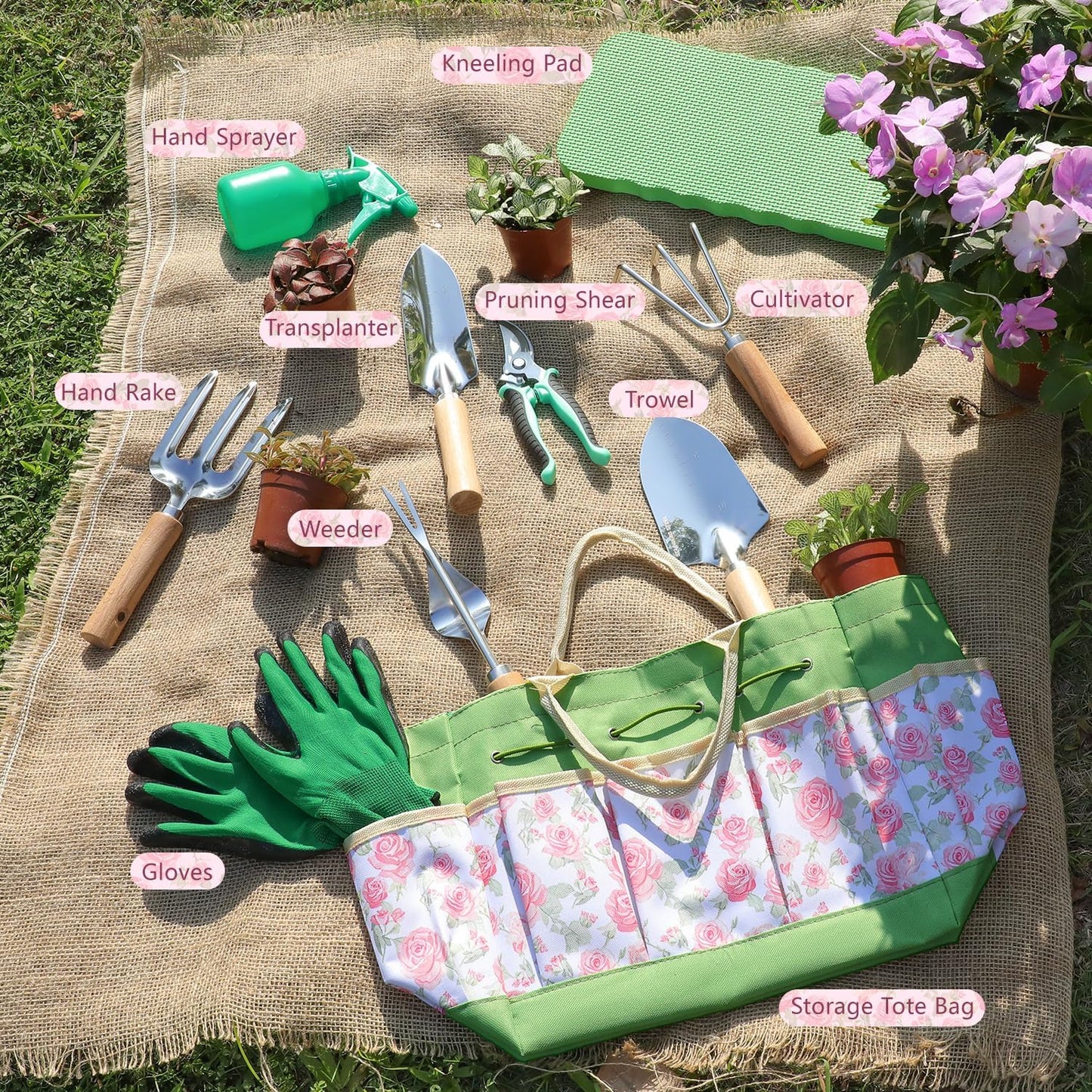 LeMotech Garden Tools Set, 10-Piece Heavy Duty Garden Hand Tools Kit with Wooden Handle, Durable Organizer Bag for Garden Supplies, Gardening Gifts for Women Grandmother, Pink Floral Pattern