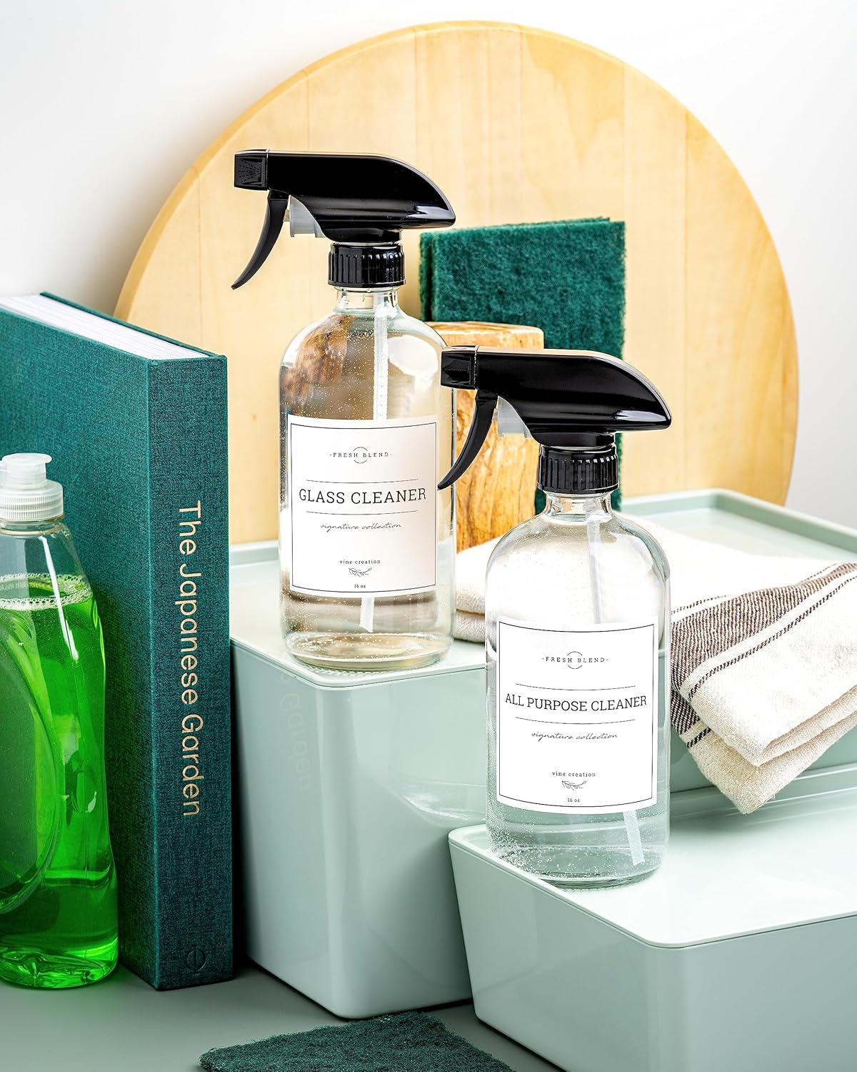 Vine Creations Glass Spray Bottles, 2 Pack Refillable Spray Bottles for Cleaning Solutions, Plant Misters, Clear Glass Spray Bottle for hair, 16 oz Mister Spray Bottle with Waterproof Labels