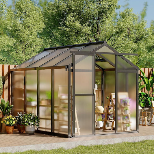 Greenhouse, 6x8 FT Greenhouse for Outdoors, Walk-in Green House with Ground Nails and Vent Windows, Sliding Lockable Door, Polycarbonate Green House for Outside Garden Backyard, Quick Setup, Black