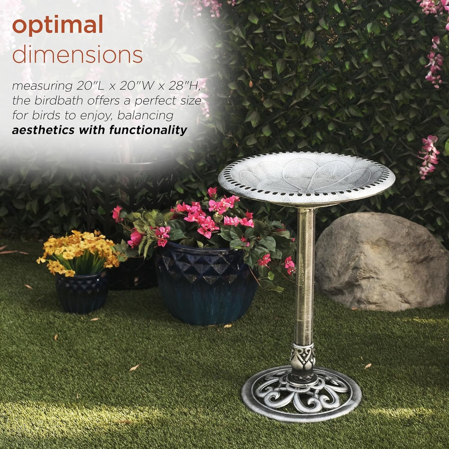 Alpine Corporation TEC116GR Outdoor Pedestal Birdbath w/Scrollwork Base and Stakes, Elegant Birdbath for Garden, 28" H, Gray