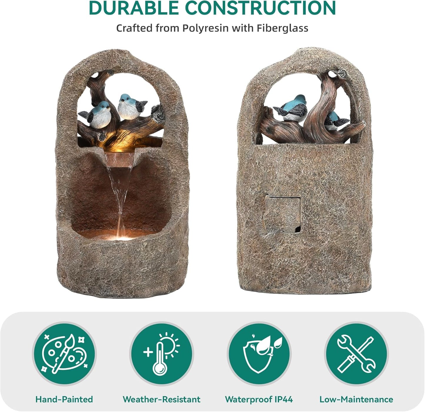 27" 2-Tier Bird Outdoor Water Fountain with Lights, Natural Zen Garden Fountain, Relaxing Waterfall Floor, Yard, Porch or Deck Decor, Whether-Resistant, Faux Granite Texture