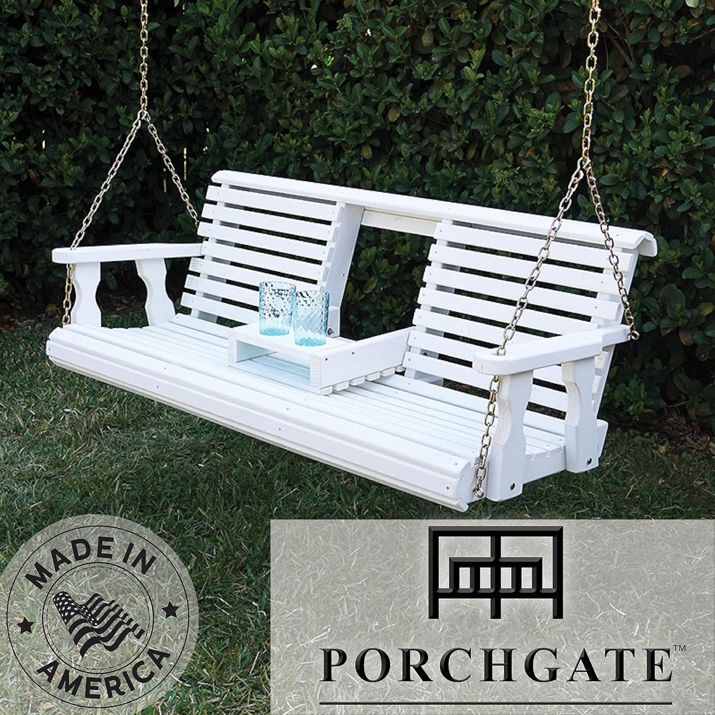 Porchgate Amish Heavy Duty Console Porch Swing with Fold Down Cup Holders in Semi Solid White Stain - Amish Made in The USA from Treated Pine, Hanging Chains Included