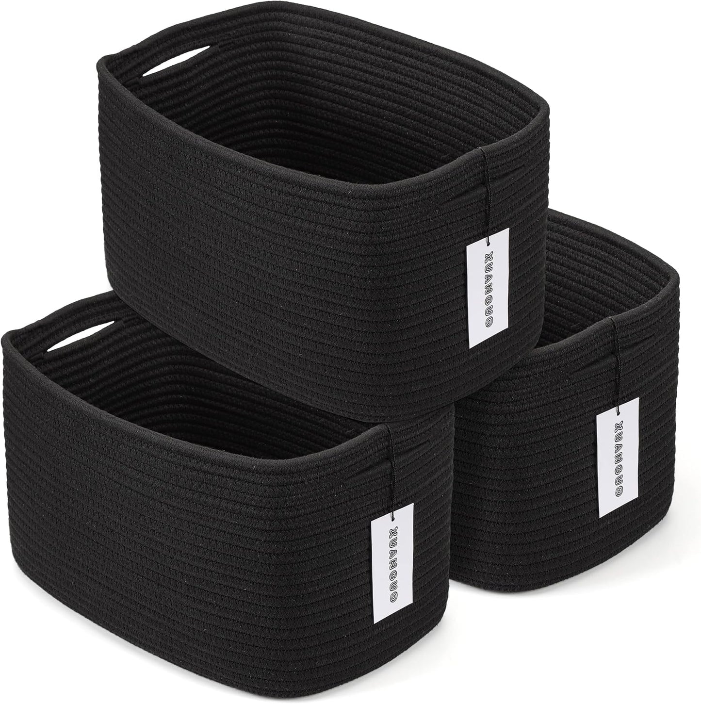 Cotton Rope storage Basket Bins 14.5X9.5X9.3“ Woven Basket for Organizing Shelves Rectangle Decorative Baskets For storage Clothes Toys Books Towels Square Wicker Nursery basket organizer 3 pack black