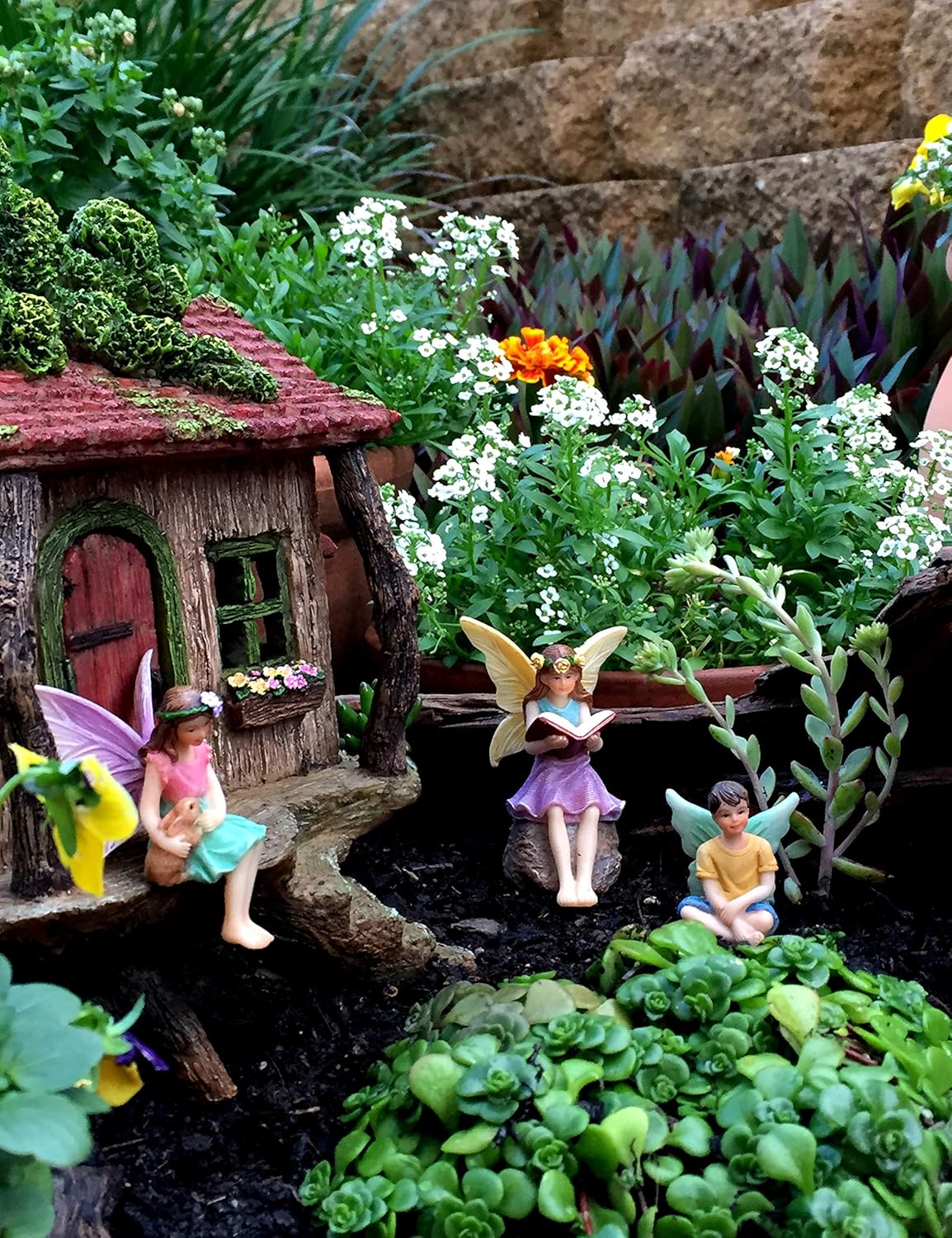 PRETMANNS Fairy House Kit - Fairy Garden Accessories for Outdoor Miniature Village Decor, with Three Fairies - House, 9’ High & Door can Open Wide - 4 Piece Supplies