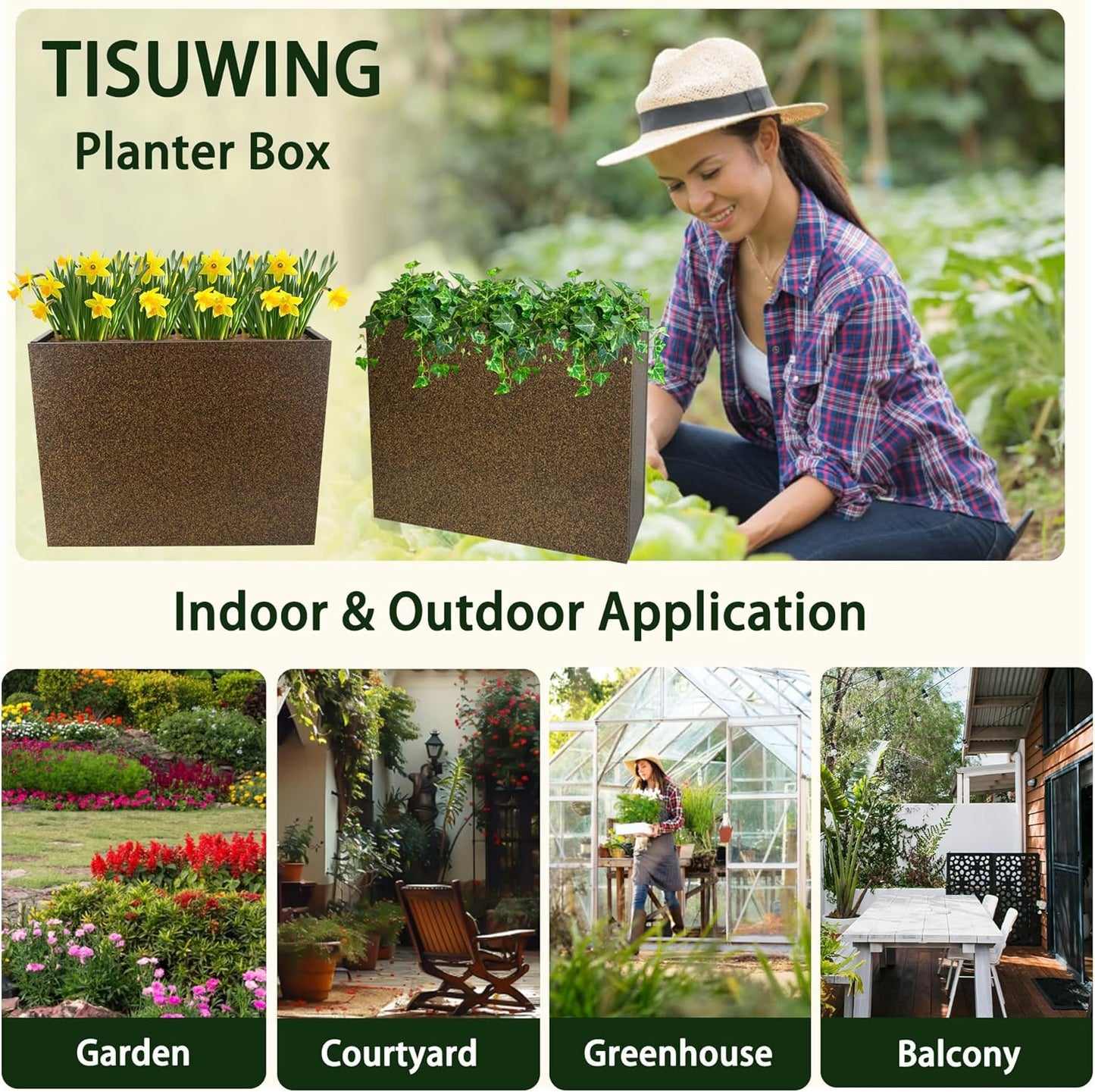 Metal Planter Box Rectangular Planter, 35.5" Lx 10" Wx 28" H Terrazzo Brown Large Planters with Drainage Holes, Galvanized Steel Tall Planters for Patio/Porch