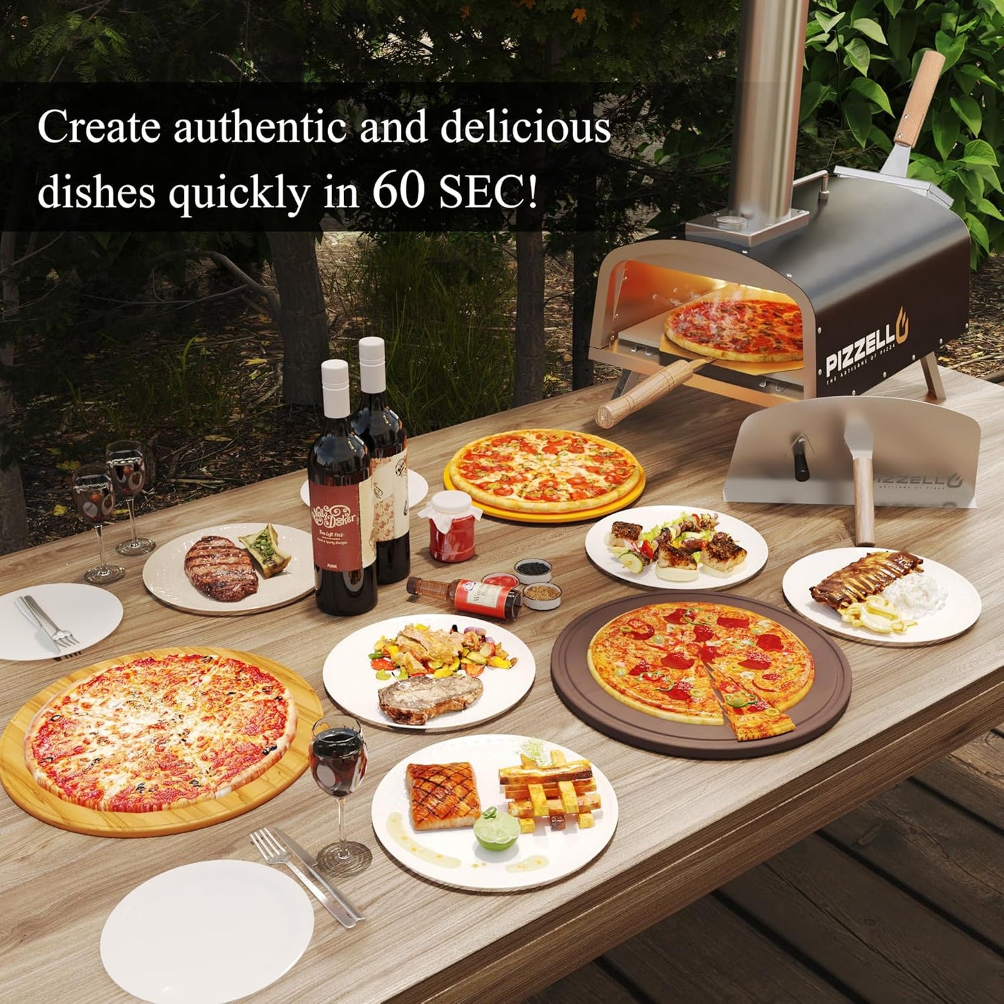 Portable Pellet Pizza Oven Outdoor Wood Fired Pizza Ovens Included Pizza Stone, Pizza Peel, Fold-up Legs, Cover, Pizzello Forte (Black)