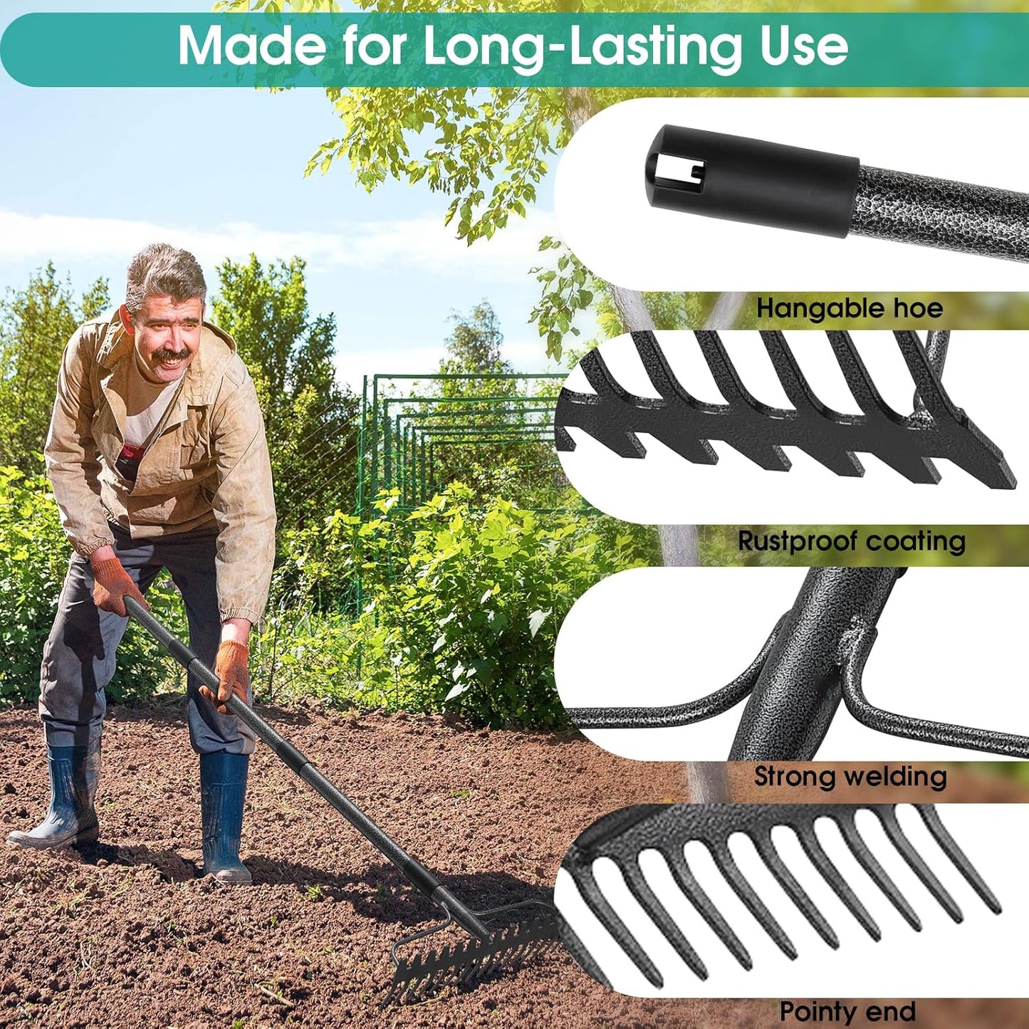 Garden Rake:63 Inch Metal Garden Leaf Rake with 17 Tines, Heavy Duty Bow Rakes for Lawn Yard Leaves Debris Mulch Gravel Thatch Clean,Lawn Care Gardening Landscaping
