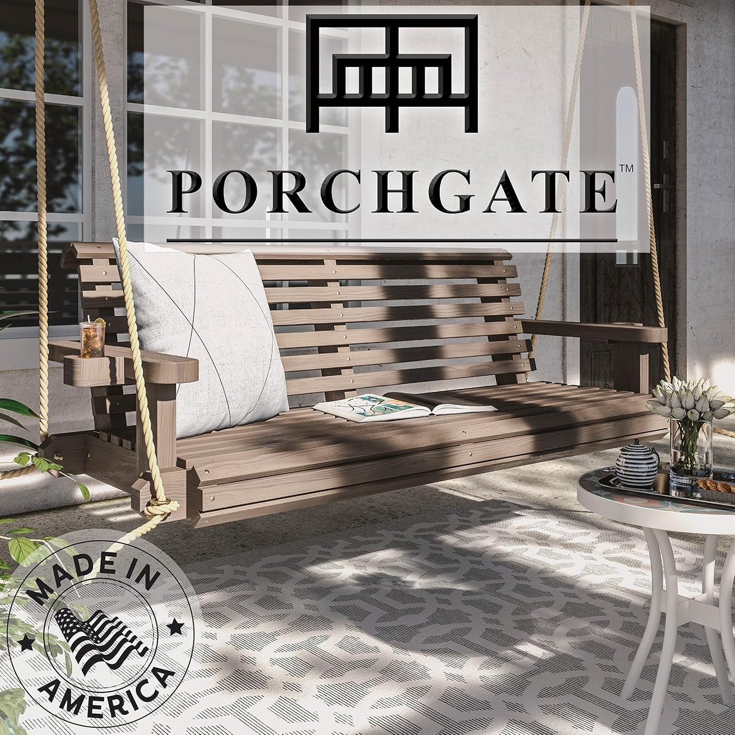 Porchgate Amish Heavy Duty 800 Lb Roll Comfort Treated Porch Swing W/Ropes (4 Foot, Warm Walnut Stain)