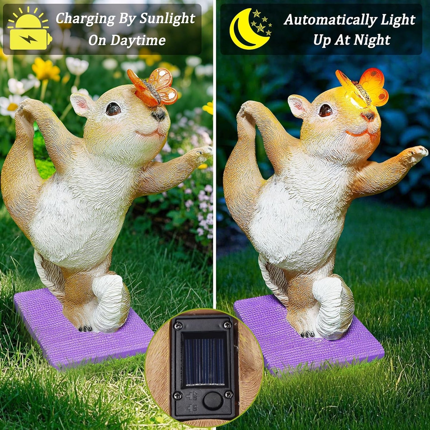 Solar Light Garden Statue Squirrel Figurine, Resin Squirrel Doing Yoga with Lighted Butterfly, Waterproof Spring Outdoor Ornaments for Garden, Front Door, Patio Decor & Gifts for Mother's Day