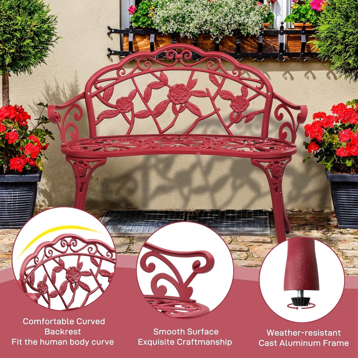 Bonnlo 38.5" Patio Outdoor Bench, Cast Anti-Rust Iron Aluminum Garden Bench with Rose Patten Finish Chair, Entryway Bench 2 Person Seat for Patio, Lawn, Backyard