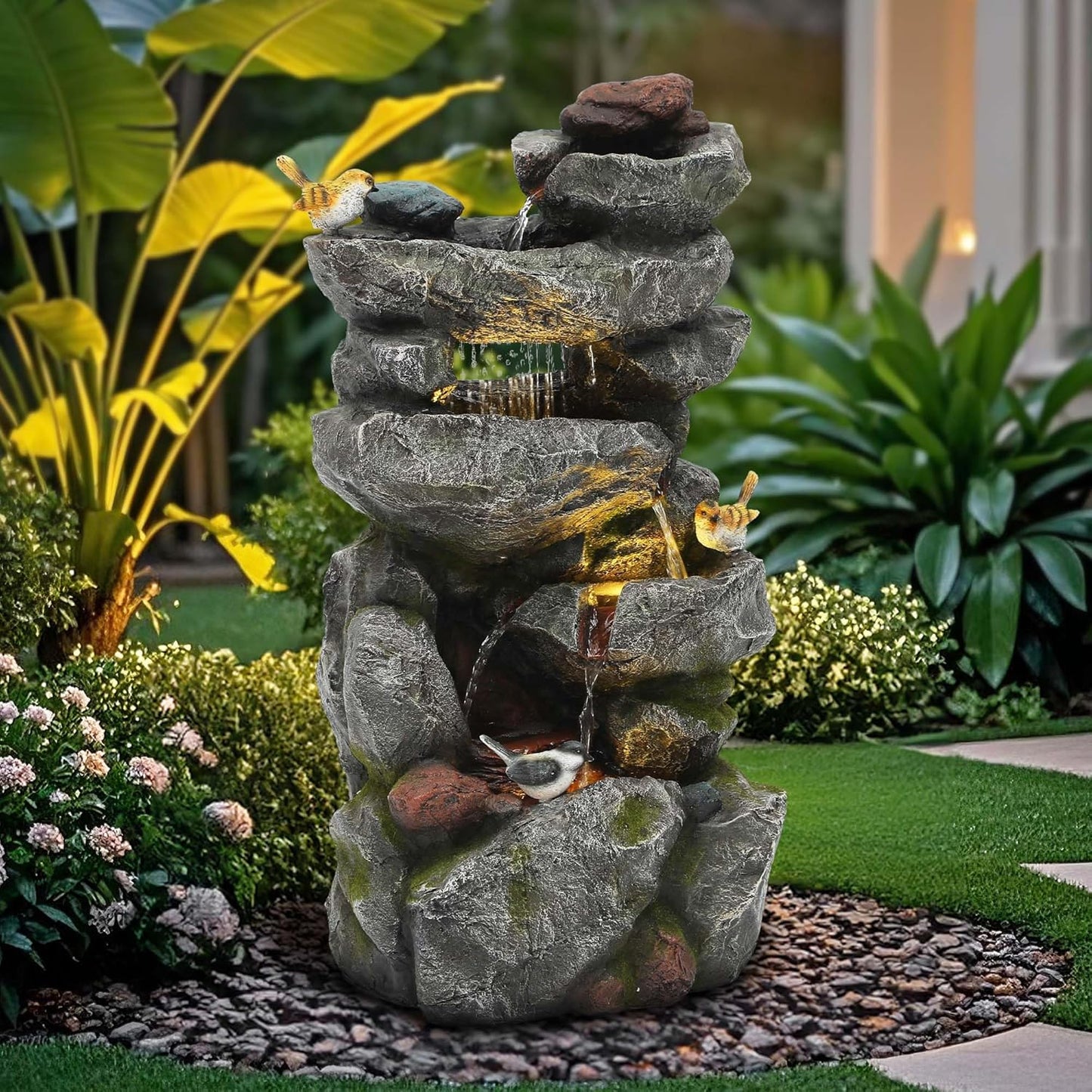 31.5" H Multi-Tier Rock Outdoor Water Fountain with LED Lights and Pump, Garden Fountain Waterfall for Patio, Porch, or Yard