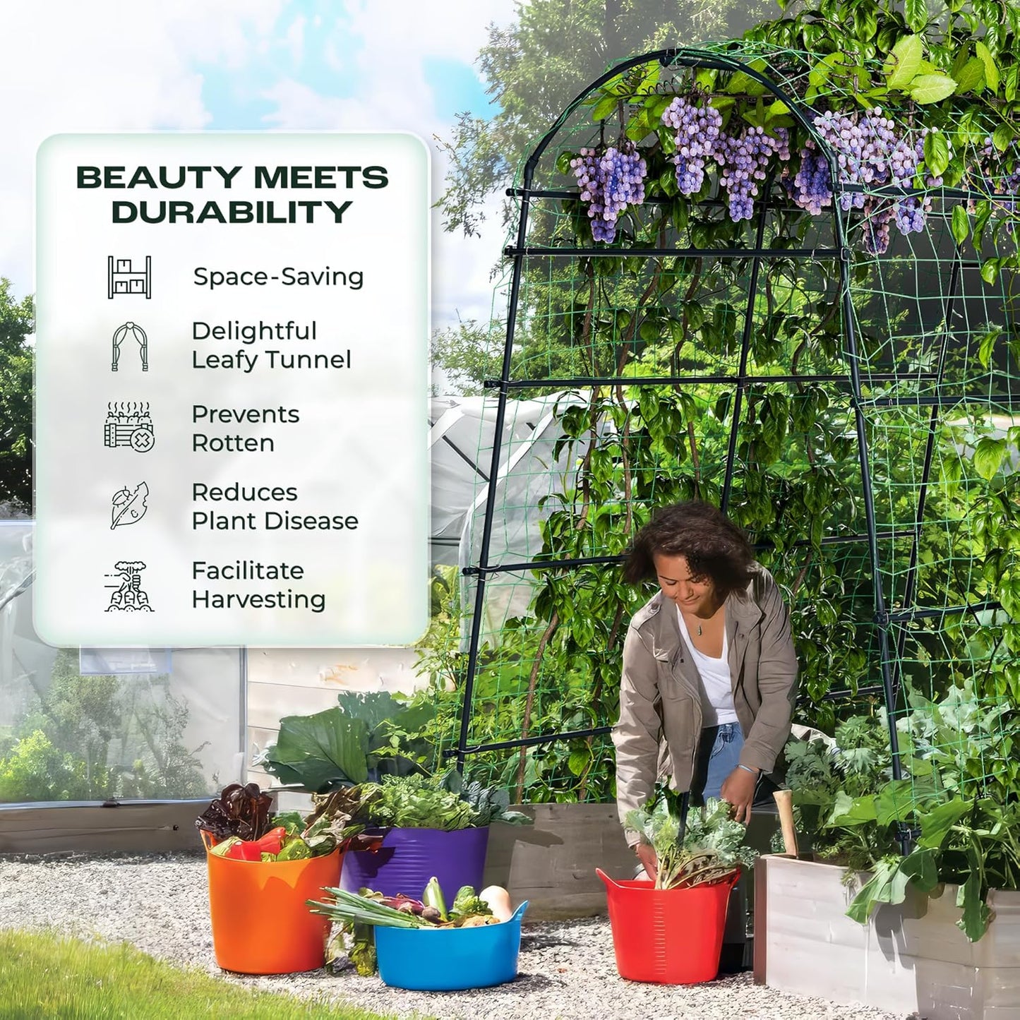 Idzo Garden Arch Trellis, 88in Tall Stainless Steel Tunnel Vegetable Trellis w PE Coating Protect Against Rust, Space-Saving & Durable Cucumber Trellis for Climbing Plants Outdoor, Minimal Maintenance