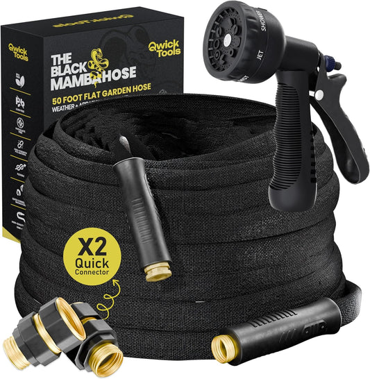 Flat Garden Hose 50FT – Non-Expanding, No-Kink, Leak-Proof Rubber Hose with Brass Fittings & 9-Function Nozzle – Lightweight, Flexible, Collapsible Water Hose for Garden, RV, Camper