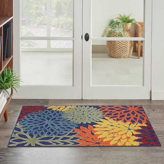 Nourison Home Aloha Indoor-Outdoor Navy Multicolor 2'8" x 4' Area Rug, Easy Cleaning, Non Shedding, Bed Room, Living Room, Dining Room, Backyard, Deck, Patio (3x4)