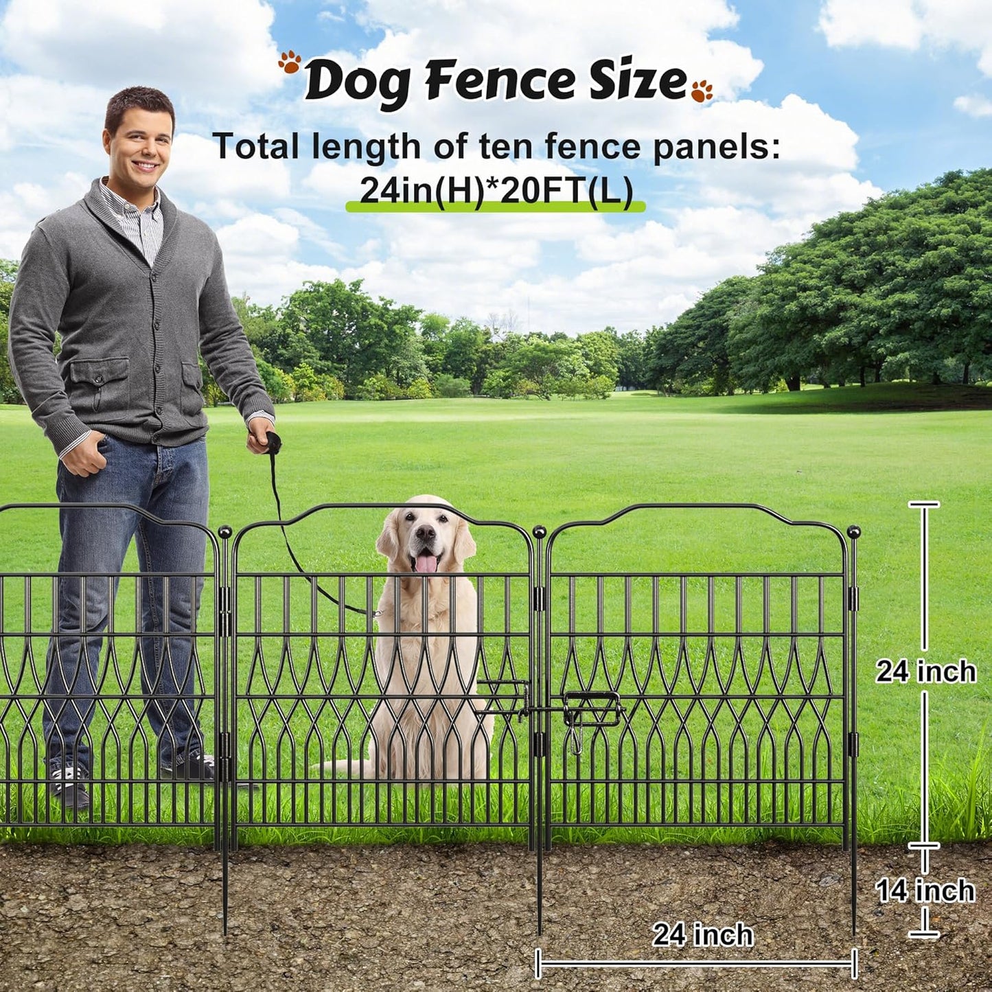 Bepatio 10 Panels Garden Fence Border with Latch, 24in (H) x 20ft (L) Dog Fence Outdoor for Yard, Arc Metal Fencing Panels, Animal Barrier Fencing for Outdoor, Patio, Flower Bed