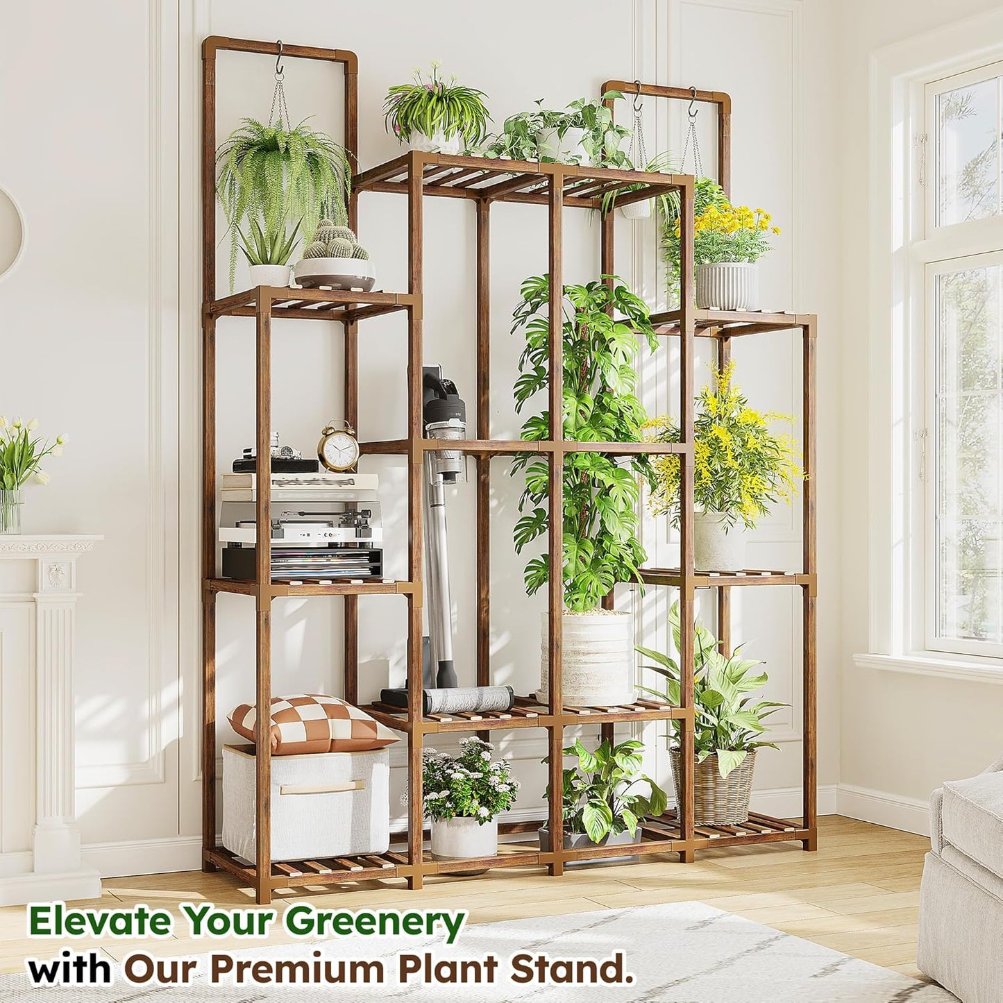 EnHomee Plant Stand Indoor Wood Plant Stand Outdoor Plant Shelf with 14-18 Potted Double Rod Large Plants Holder 440LBS Plants Shelves for Living Room Patio Balcony Yard Garden 44.8''W×11.6''D×47''H