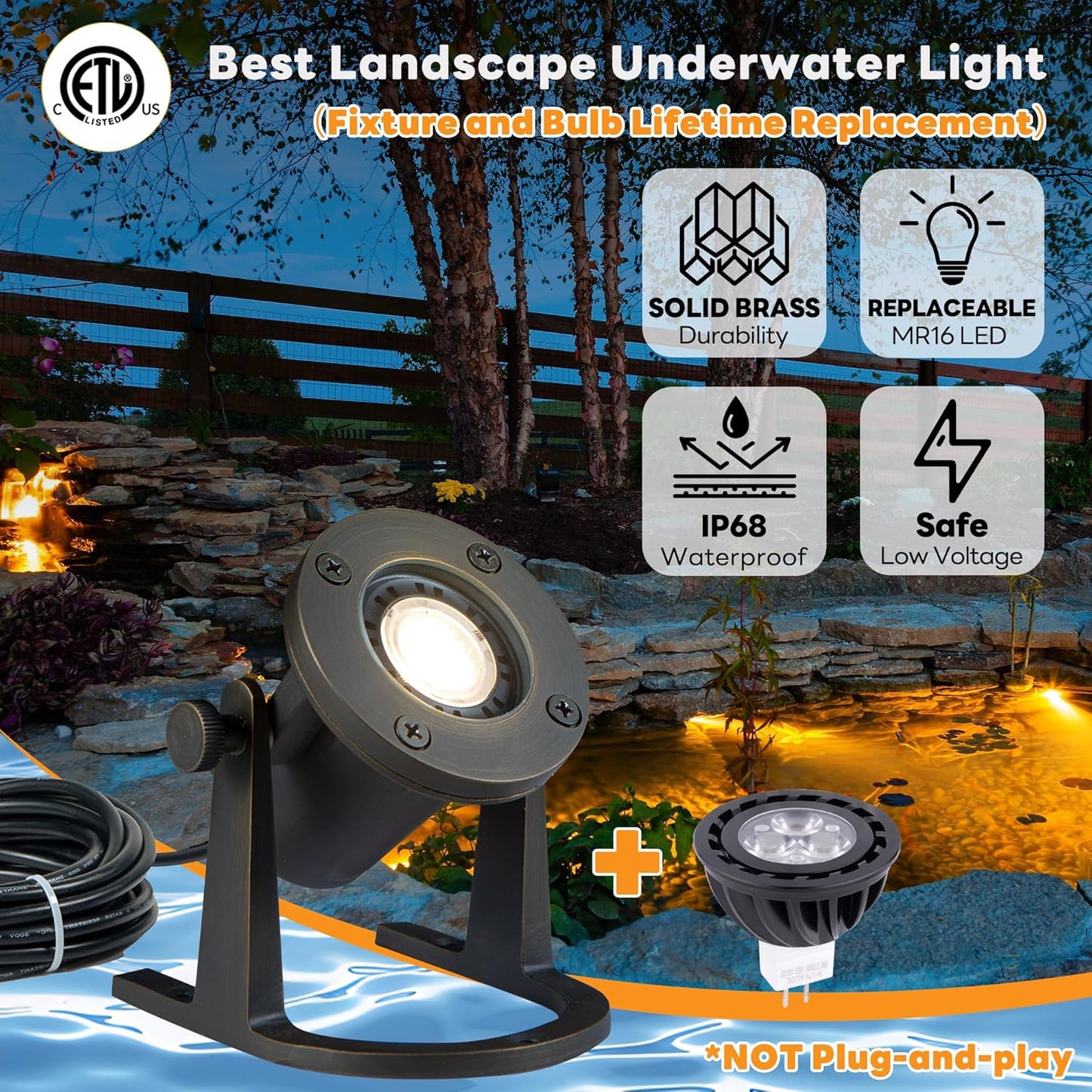 Solid Brass Underwater Pond Light - 12V Low Voltage IP68 Submersible Bronze Fixture, with 4000K MR16 LED for Outdoor Pond Fountain Waterfall Landscape Lighting(12 Pack)