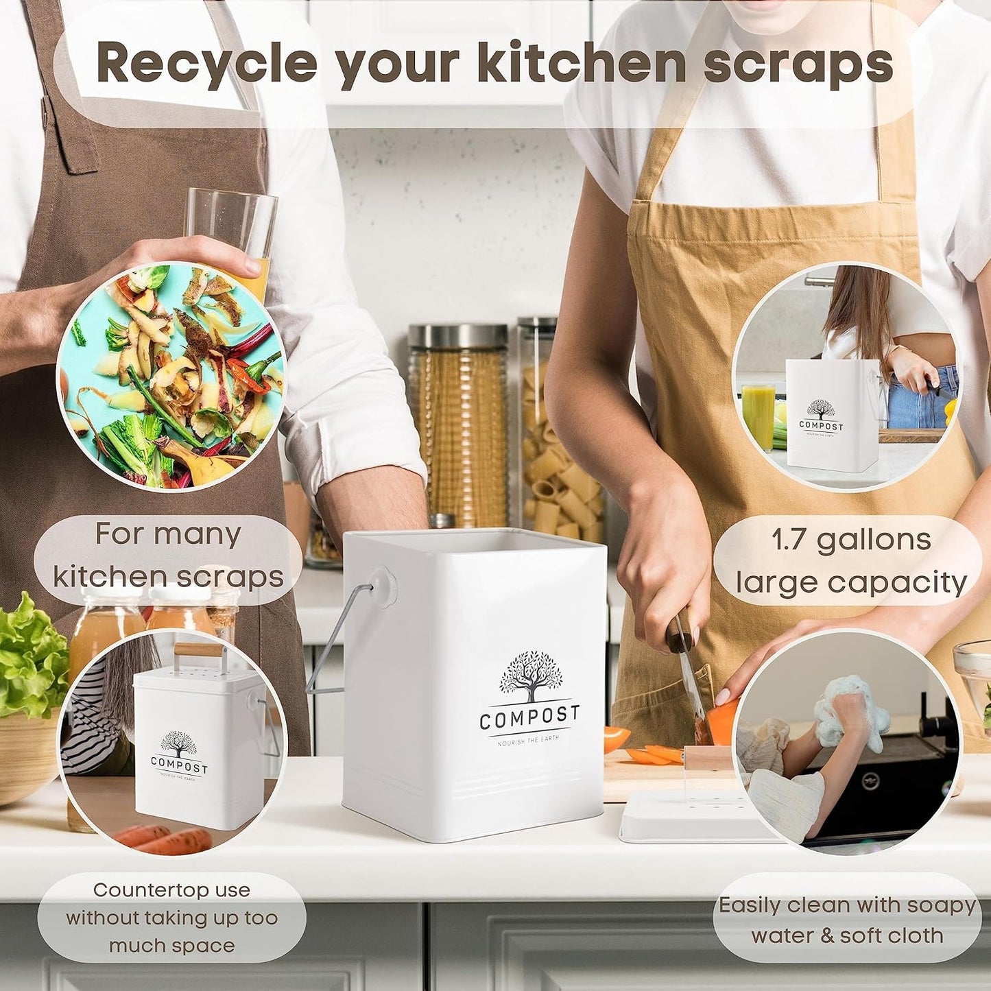 PERFNIQUE Kitchen Compost Bin, 1.7 Gallon Countertop Compost Bin with Lid, Indoor Compost Bin Includes 2 Carbon Filters, Small Compost Bucket, Food Waste Bin for Kitchen with Trash Bags (Cream White)