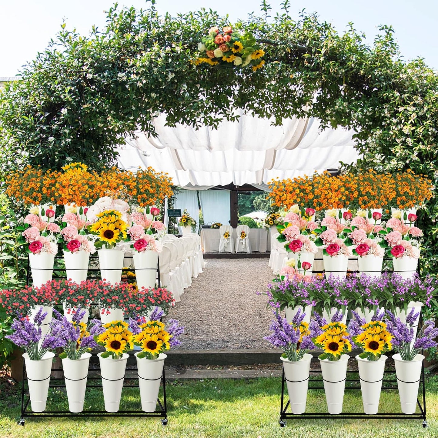 Flower Display Stand with Buckets, 3 layers Metal Plant Stand with Wheels, Moving Florist Bouquet Shelf for Fresh Flower Shop, for Patio Garden, Living Room, Outdoor Flower Pop-Up Events (White Frame - Black Bucket)