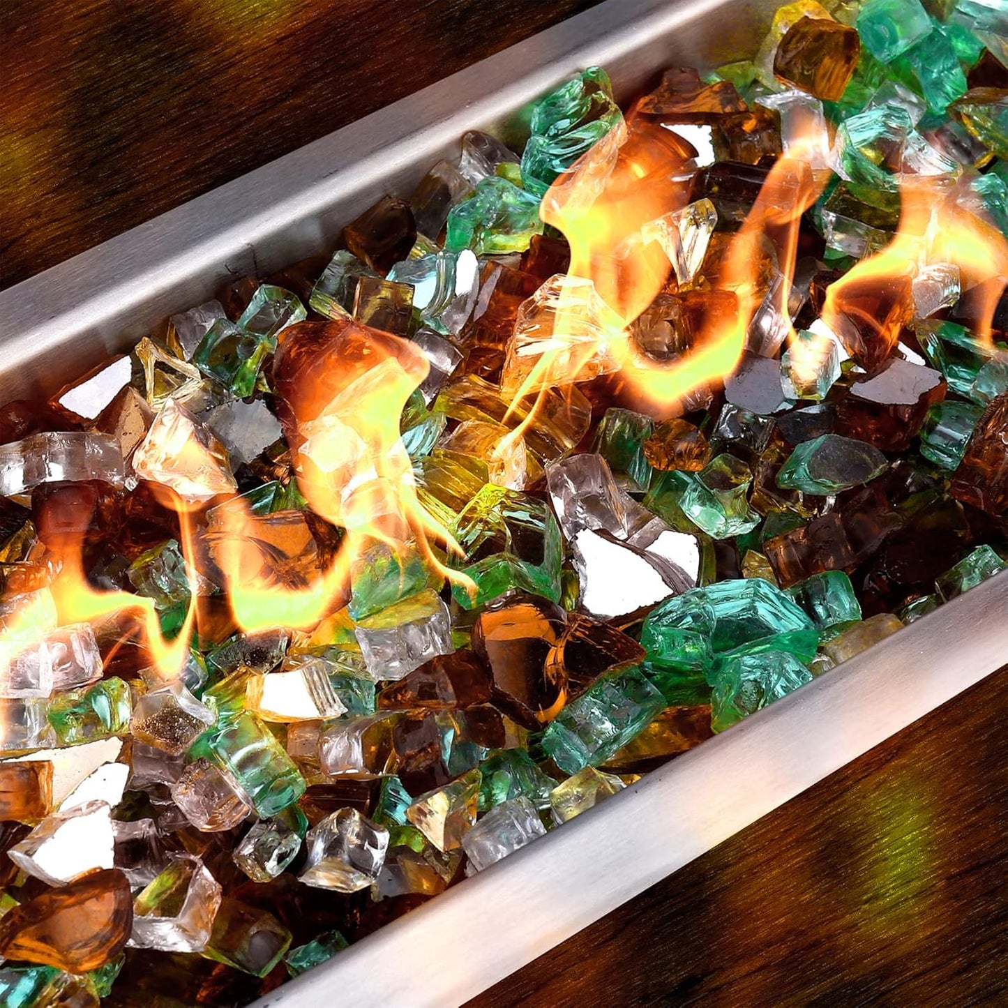 Mr. Fireglass Blended Reflective Fire Glass for Fire Pit Fireplace and Landscaping, 10 Pounds 1/4 Inch Mixed Colored High Luster Fireglass Rocks for Outdoor and Indoor Use Copper+Gold+Light Green