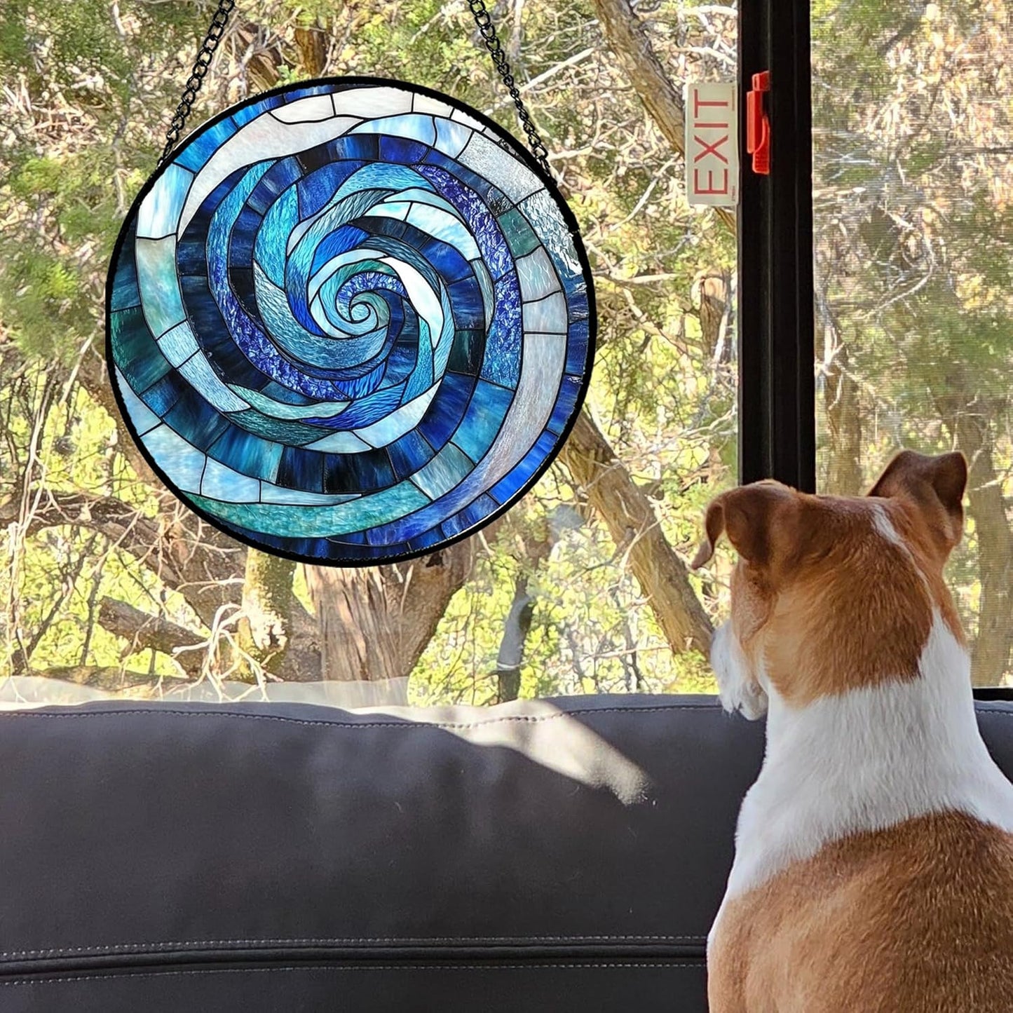 Stained Glass Window Hanging - Blue Abstract Swirl Suncatcher for Doors Garden Patio Unique Sun Catchers Decor Christmas Mother's Day Birthday Gifts for Women Men Mom Nana Friend 7.8 in
