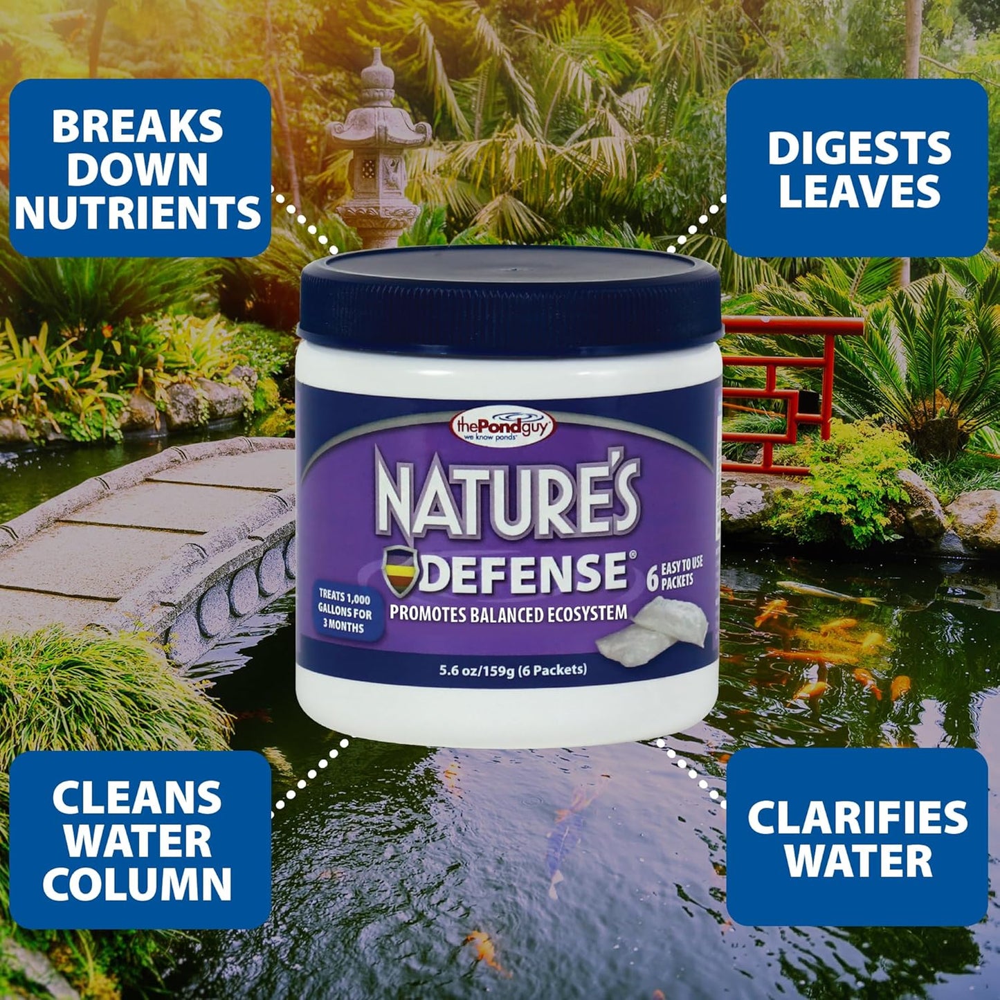 The Pond Guy Nature's Defense Beneficial Bacteria Treatment for Water Gardens, Natural Bio Cleaner & Clarifier, Koi Fish, Plant & Pet Safe, 12 Packets