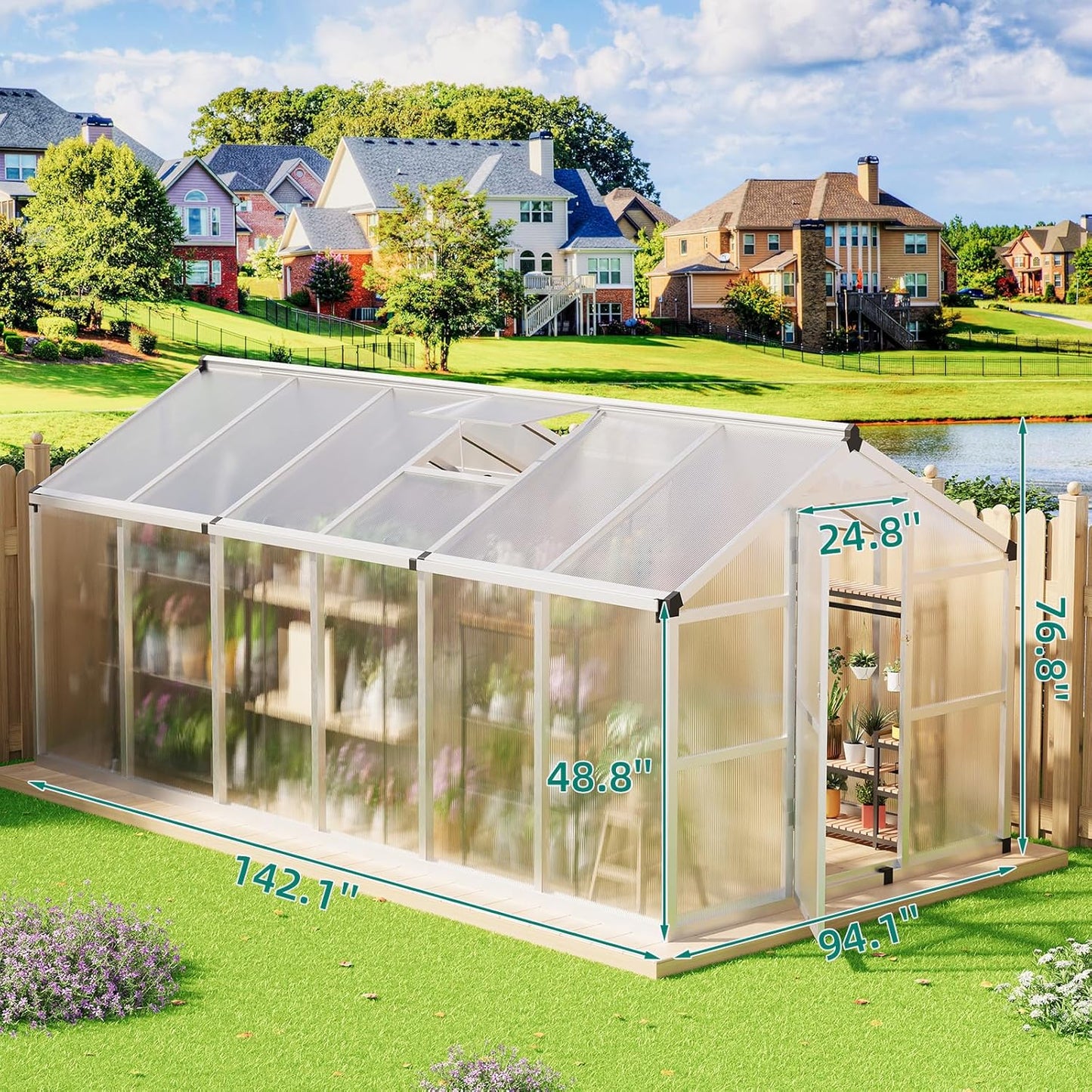 Garvee 8x12 FT Greenhouse - Aluminum Greenhouses for Outdoors, Large Polycarbonate Greenhouse with Roof Vent, Heavy Duty Walk-in Green Houses for Outside Garden, Backyard, Patio, Lawn, Easy Assembly