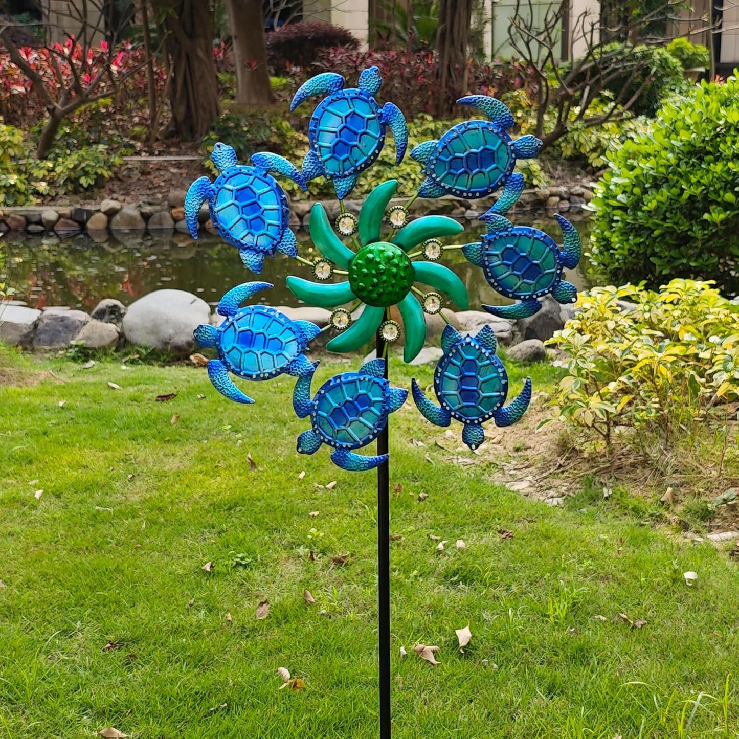 39" Sea Turtle Wind Spinners Metal Garden Stake-Outdoor Ocean Theme Wind Spinners - Metal Stake Yard Spinners-Wind Sculpture Yard Art Decorations for Patio,Lawn & Garden Decor-Blue