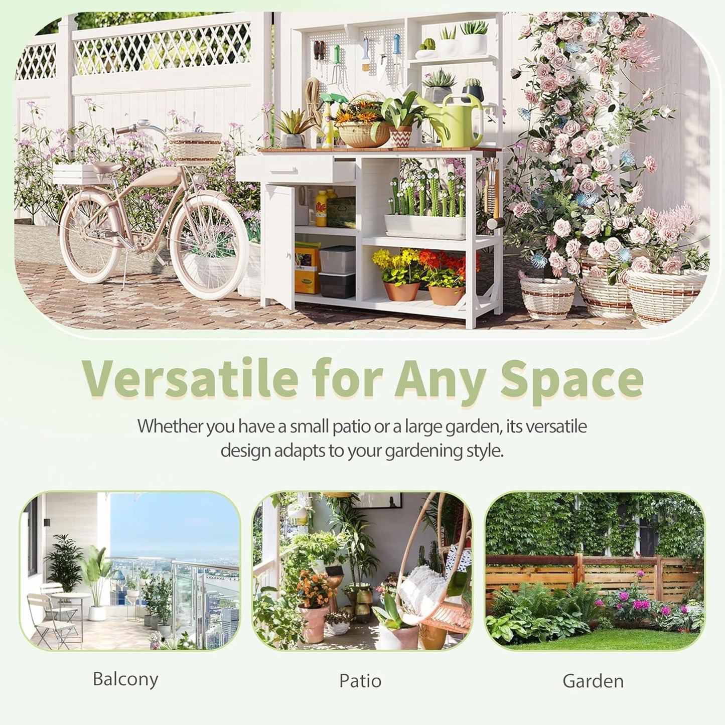 Fir Wood Potting Bench with Hutch - Outdoor Garden Workstation with 4 Shelves, Drawer & Adjustable Storage, 50.2" Countertop, & Pegboard (White + Wood + Rustic)