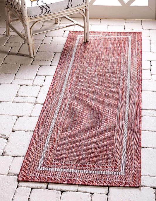 Unique Loom Outdoor Border Collection Area Rug - Soft Border (2' x 8' Runner, Rust Red/ Ivory)