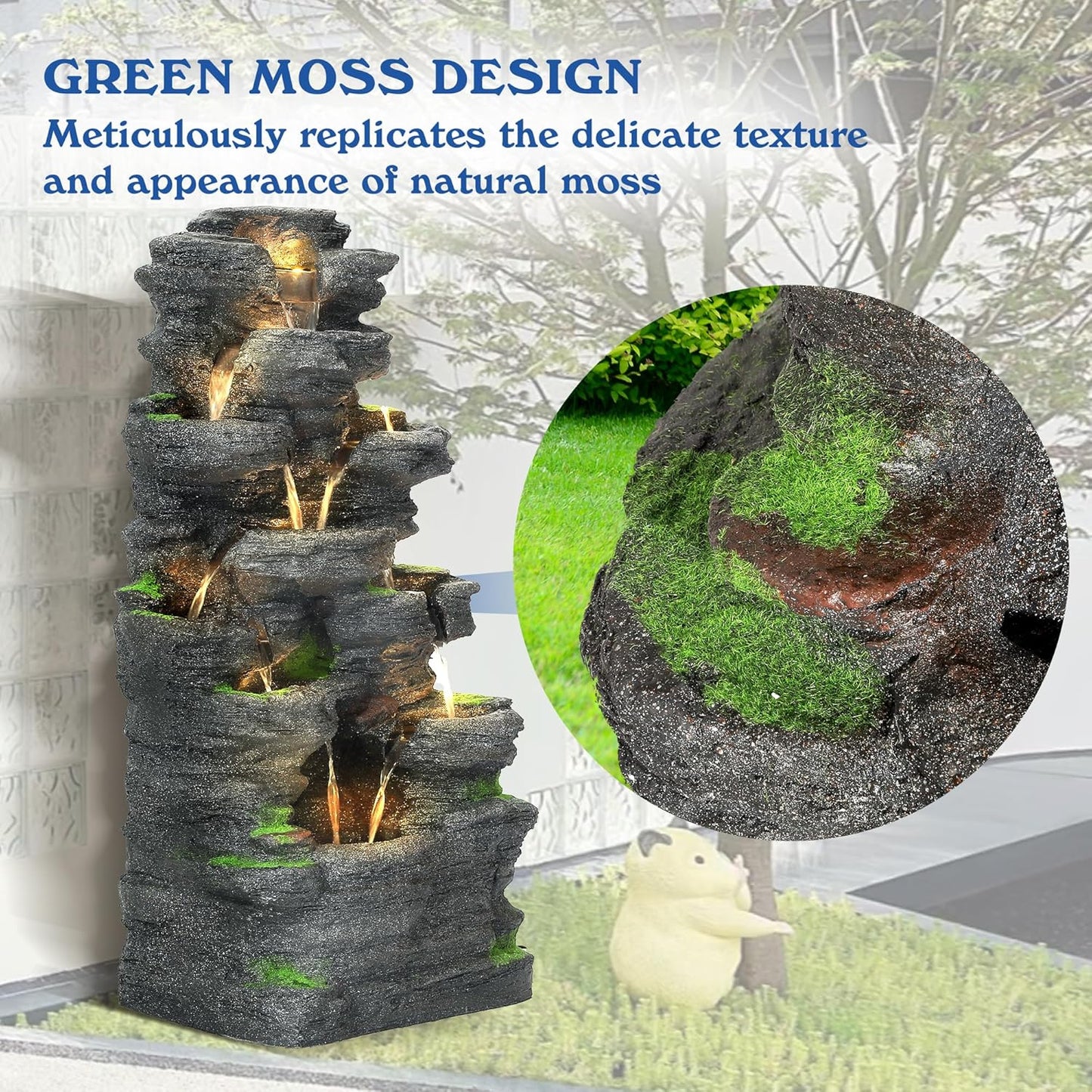 40" H 10-Tiers Cascading Rock Water Fountain Outdoor - Waterfalls Fountains with LED Lights, Outdoor/Indoor Resin Fountain for Patio, Garden, Backyard, Deck, Porch, Home Art Docor(40''H)