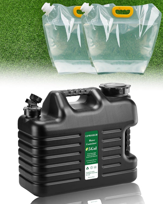 5 Gallon Water Jug(16x13.2x7in)and 2.6Gal Collapsible Water Bag Set of 2,BPA Free Water Tank Overlanding Gear Containers, Camping Essential Leak-Proof Black Portable Water Storage, Outdoors Hiking RV