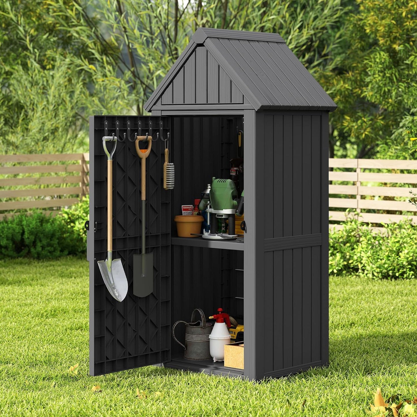 Shed Outdoor Storage Shed with Sloping Roof and Lockable Door, Resin Outdoor Storage Box Cabinet Waterproof and Multiple Hooks for Backyard, Patio, Poolside, Black
