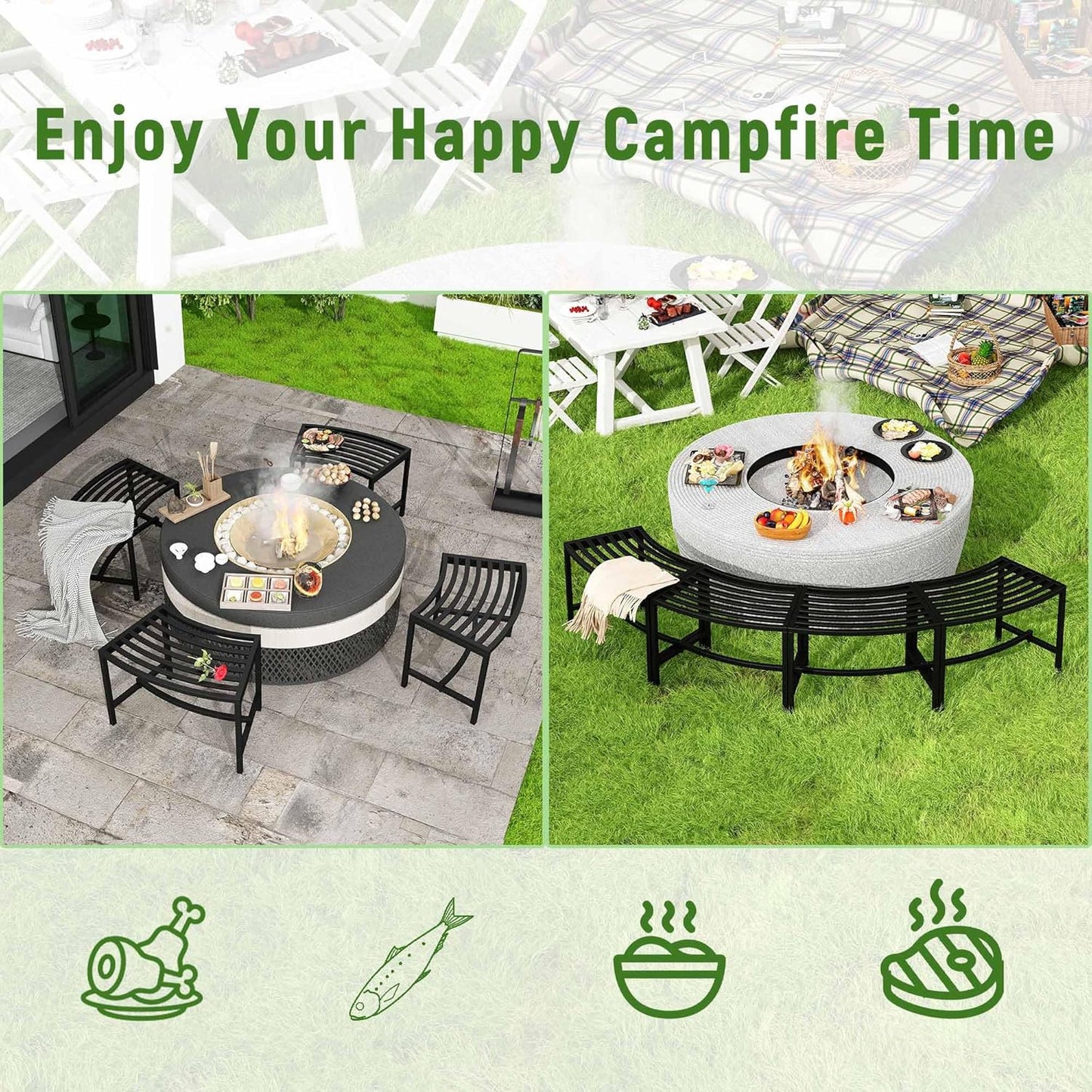 Metal Curved Fire Pit Bench Set of 4, Outdoor Fire Pit Seating, Steel Backless Outside Bench for Garden, Patio, Porch, Backyard, Plant Stand, Heavy Duty Plant Holder, Style 1, Black