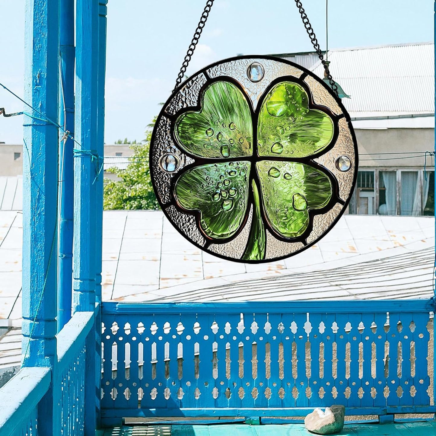 Stained Glass Window Hanging, Green Silver 4 Leaf Clover Sun Catcher for Window Door Home Decor Plant Suncatcher Christmas Mother's Day Birthday Gifts for Women Men Mom Nana 6.3 in