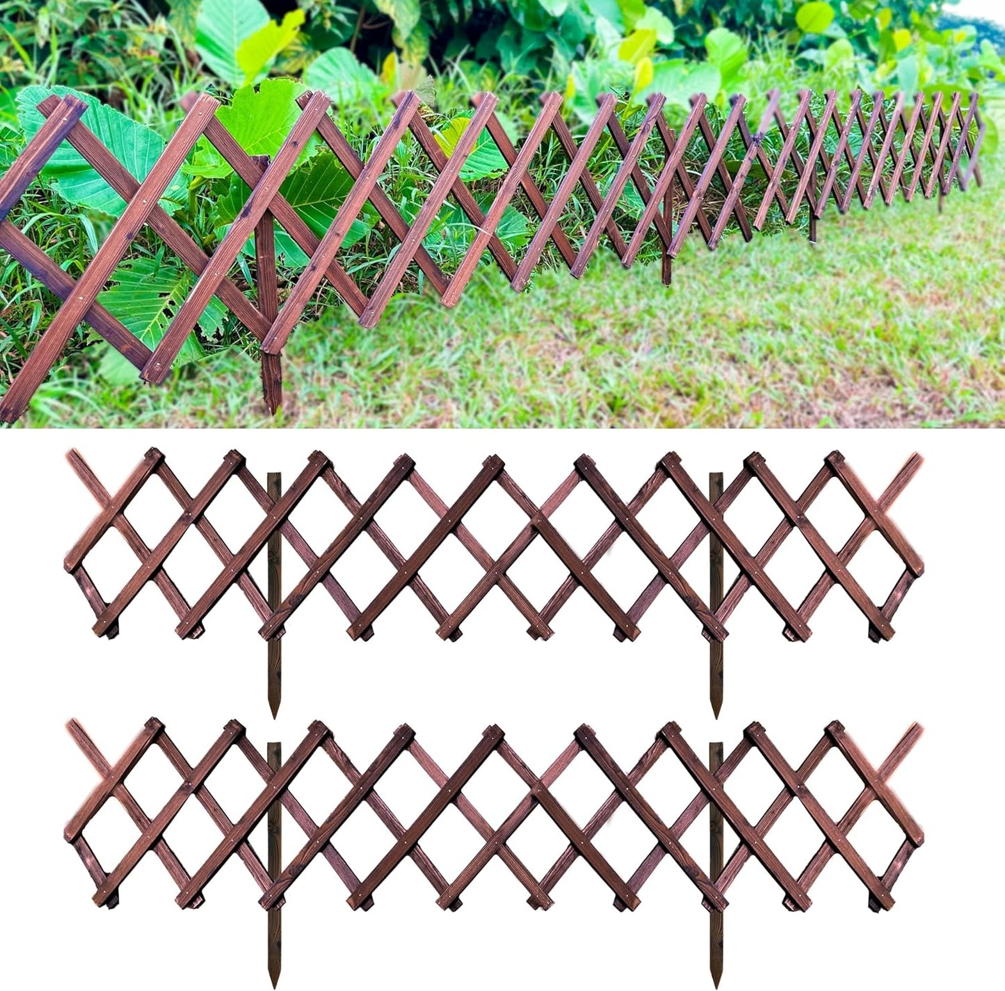 ShopLaLa Garden Fence- 2 Pack, Total 12ft (L) Wooden Lattice Flower Edging for Yard Lawn Landscape Patio Outdoor Decor, Expandable Plant Garden Trellis, Animal Barrier Fence No Dig Panel for Small Dog