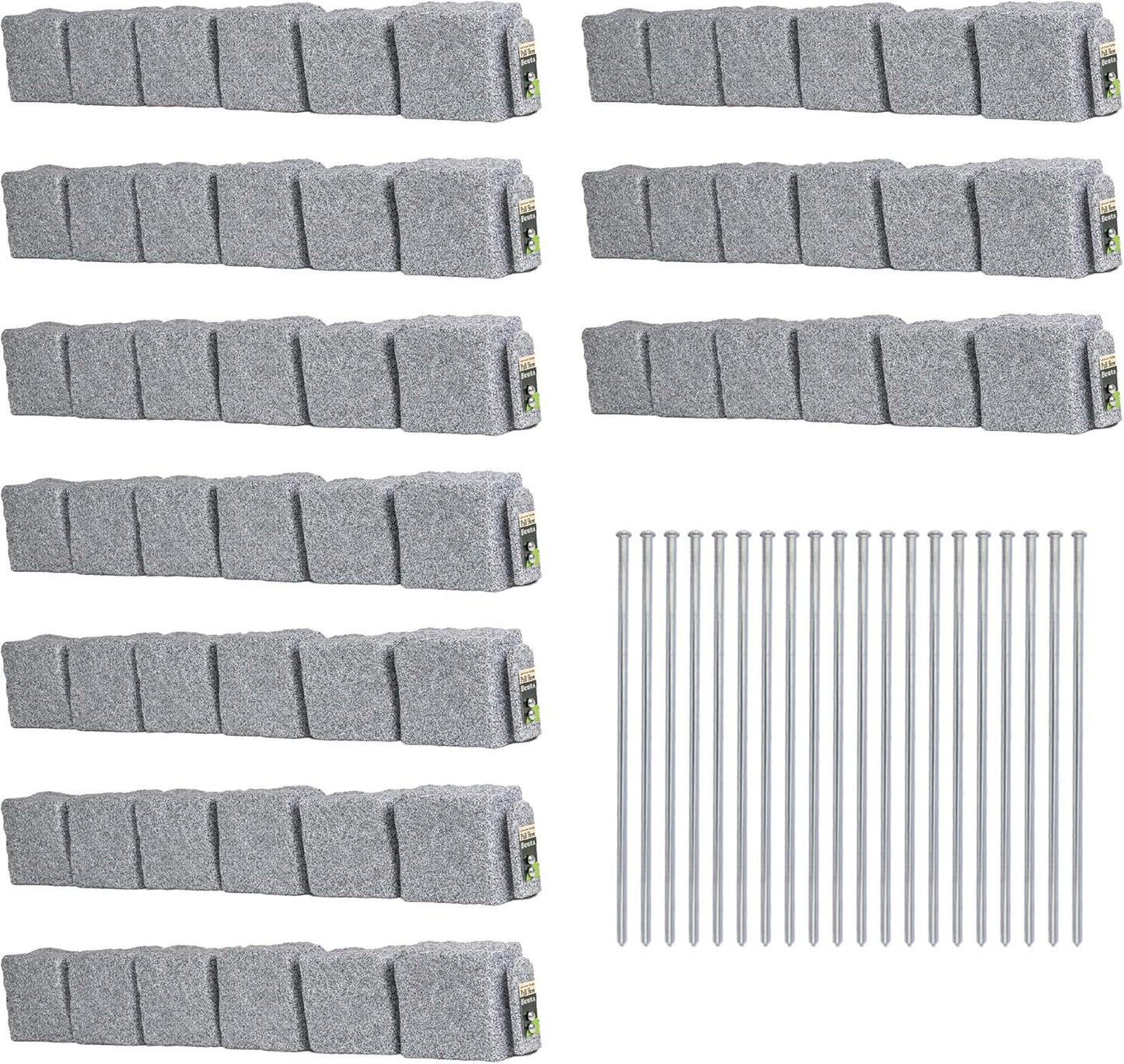Beuta Landscape Edging | Garden Edging Border | Faux Stone Blocks for Lawn Edging, Flower Beds & Yard Edging – 10 Pack | Each Section Has 6 Blocks 48" L x 4" W x 6.5" H | 20 Spikes | Greystone