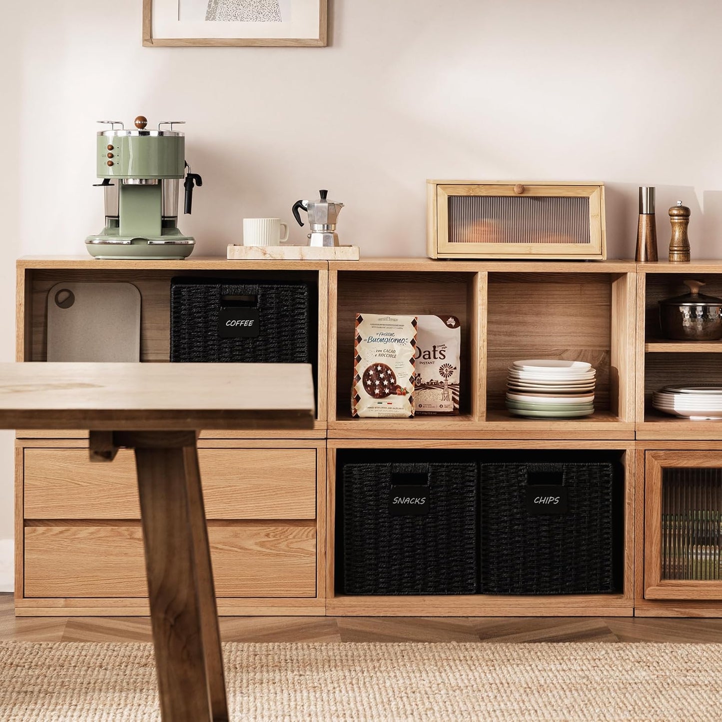 UBBCARE 4 Pack Wicker Basket, 10.5×10.5 Storage Cubes with Label, Foldable Cube Storage Bin with Handle, Square Storage Basket for Shelves, Woven Paper Rope Basket for Organizing, Black