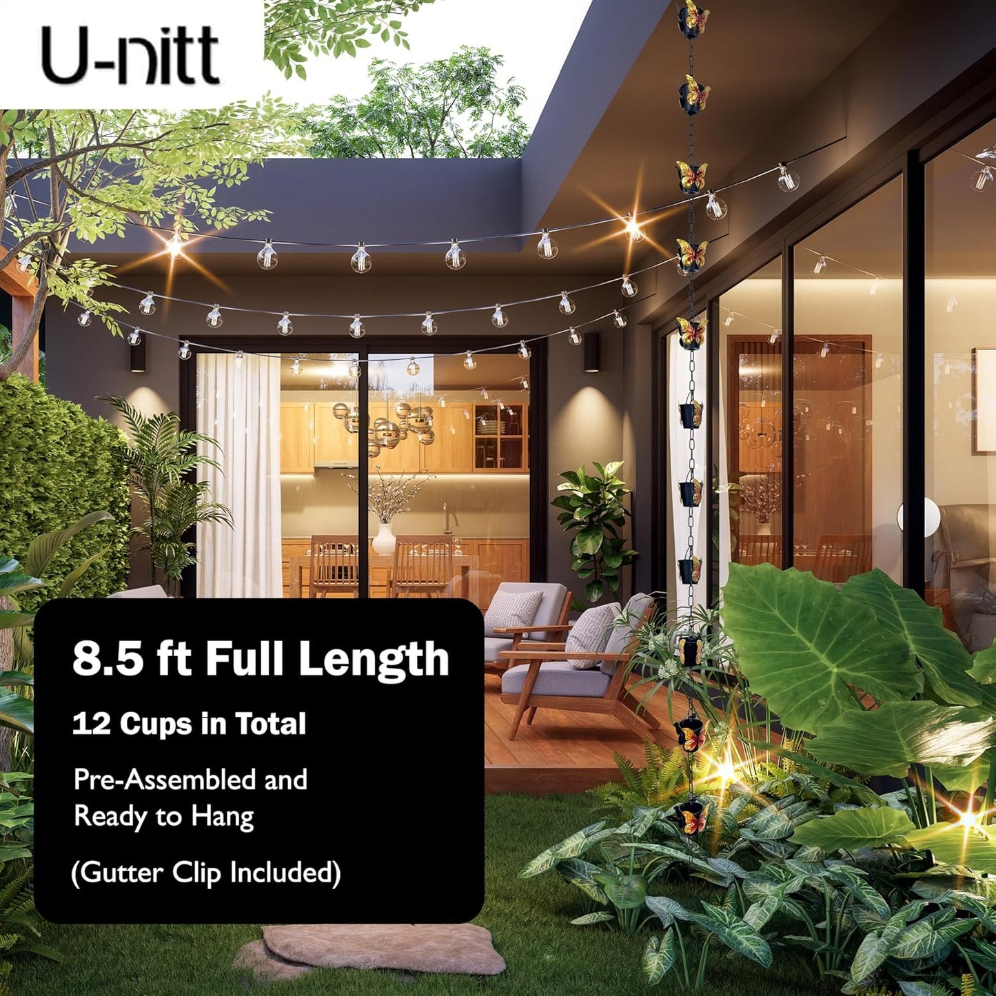 Rain Chain Water Collection for Gutters, Rainwater Catcher & Diverter, 8.5 FT Chains for Outside Garden, Butterfly Bucket Cups, Roof Downspout, Works with Heavy Rain, w/ Gutter Clip for Rainchains