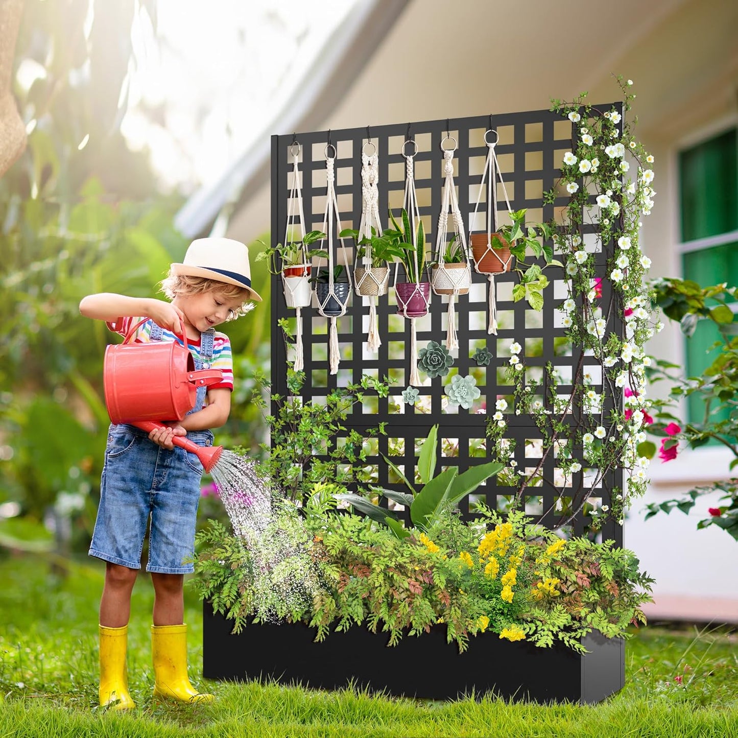 FENCY Metal Raised Garden Bed with Trellis, Metal Planter Box with Trellis, Garden Box for Climbing Plants Vegetable, 47''Lx16''Wx71''H Garden Bed with Drainage Holes(Black)