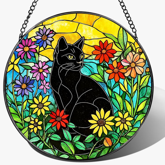 Black Cat Stained Glass Window Hanging, 8 Inch Sun Catchers Indoor Window, Suncatchers for Windows Hanging, Home Decor and Christmas, Festival, Mother's Day, Birthday, Gifts for Women, Men, Cat Lovers
