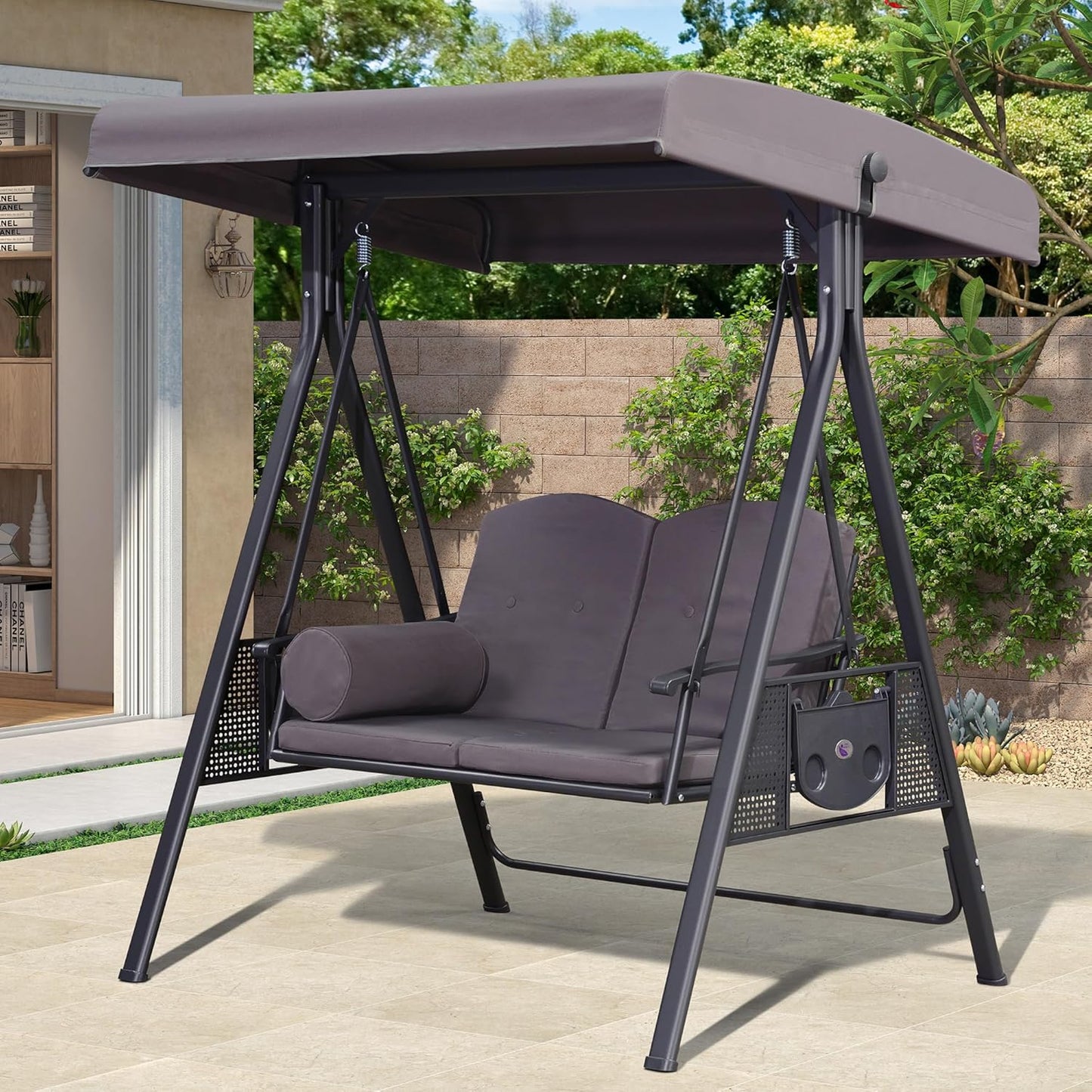 PURPLE LEAF Outdoor Patio Porch Swing with Stand, 2-seat Swing Chair with Adjustable Tilt Canopy All-Weather Steel Frame for Backyard Front Porch Lawn, Cushions and Pillow Included, Grey