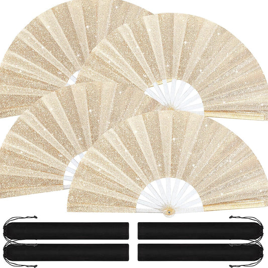 Blulu 4 Pcs 13 Inch Large Folding Hand Fans for Line Dancing Big Clapping Popping Raves Fans Bulk for Dancing Boots on The Ground Festival Party Decoration(Classic Style, Gold)