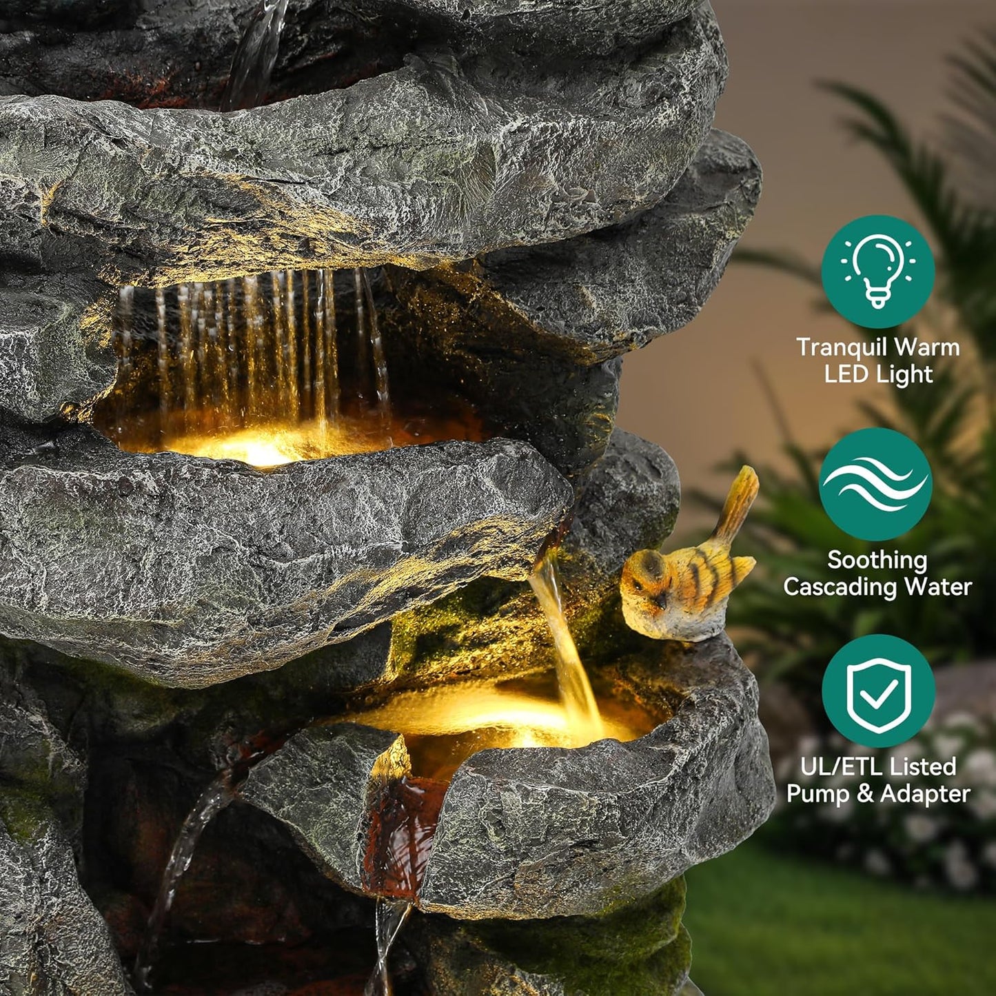 31.5" H Multi-Tier Rock Outdoor Water Fountain with LED Lights and Pump, Garden Fountain Waterfall for Patio, Porch, or Yard